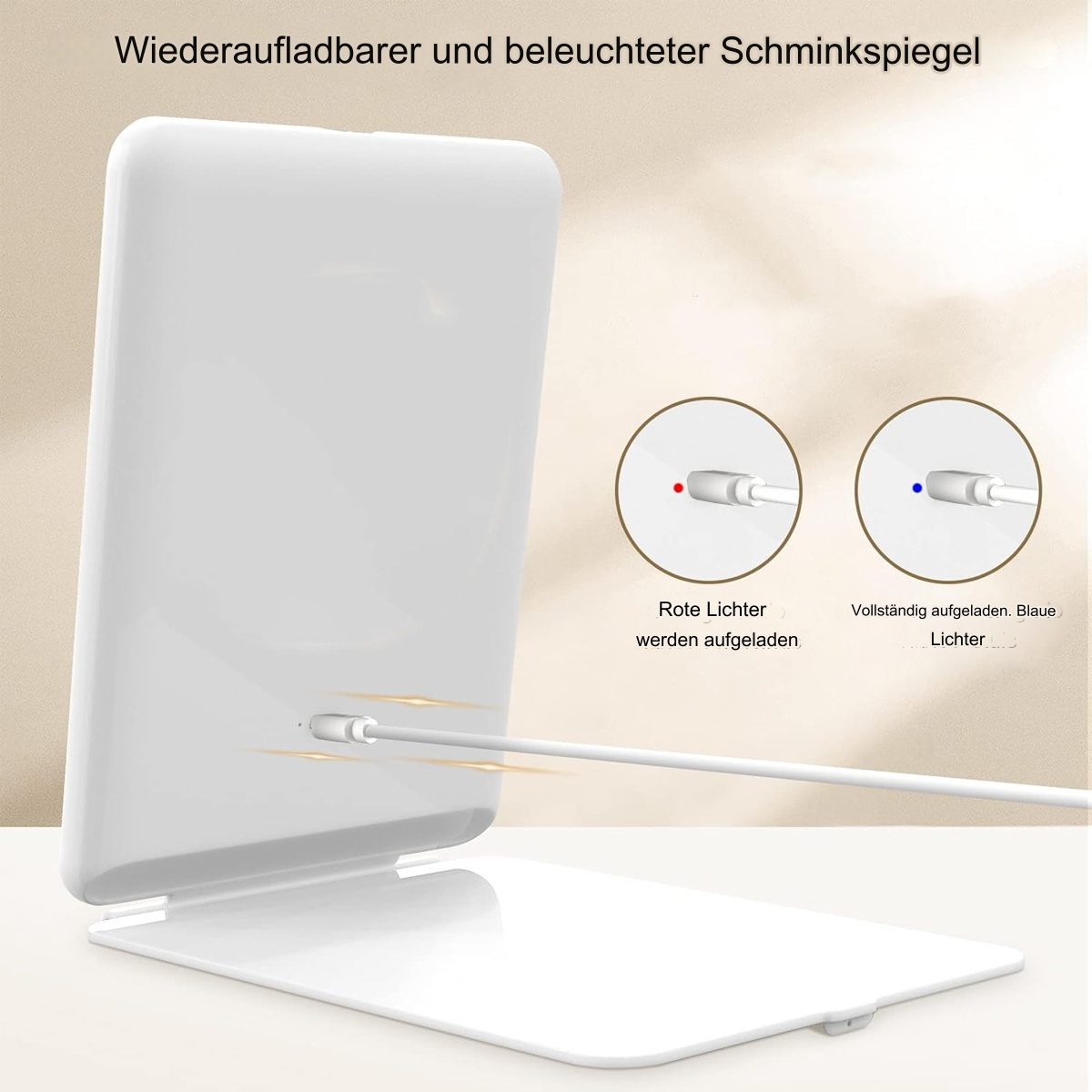 Weißer beleuchteter Schminkspiegel. Ladeanschluss mit rot/blau-Kontrollleuchten.