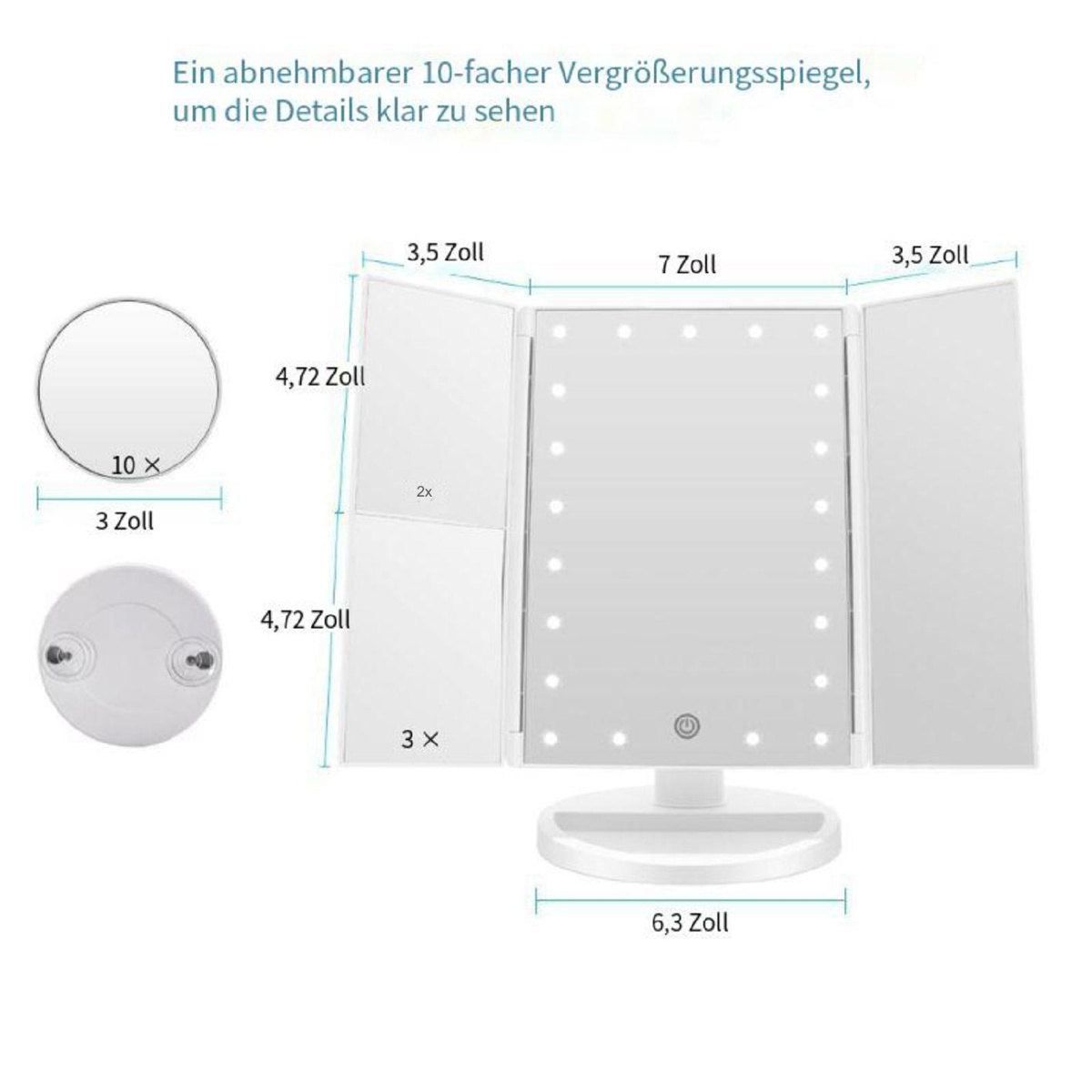Dreifach gefalteter beleuchteter Schminkspiegel mit Maßen, ein abnehmbarer 10x Vergrößerungsspiegel.