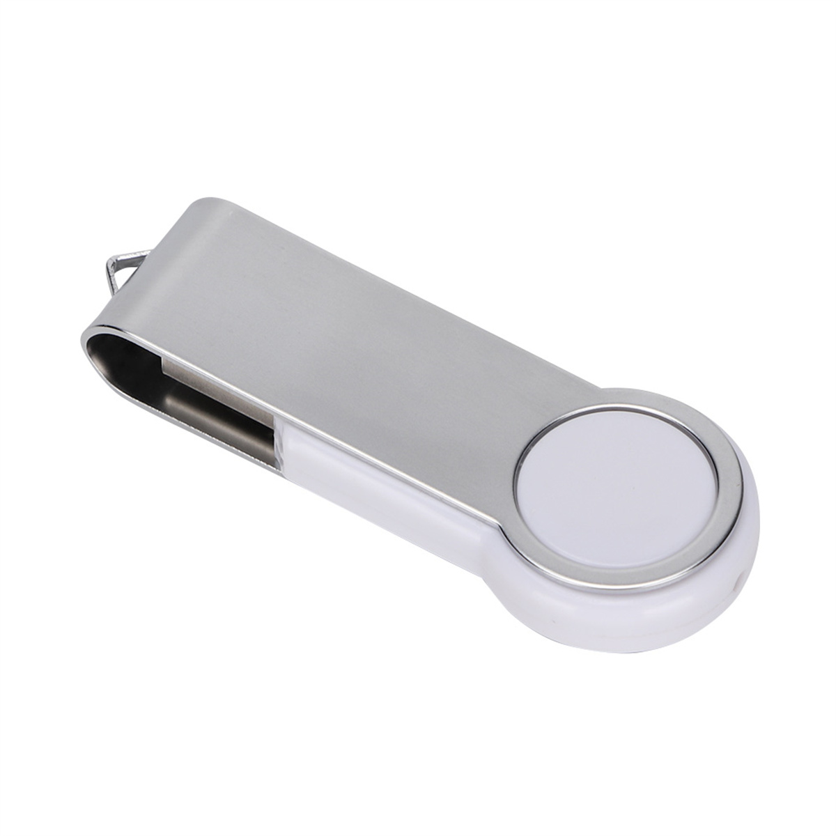 Ein silberner und weißer USB-Stick, einfaches Design, mit einem kreisförmigen weißen Knopf an der Seite.