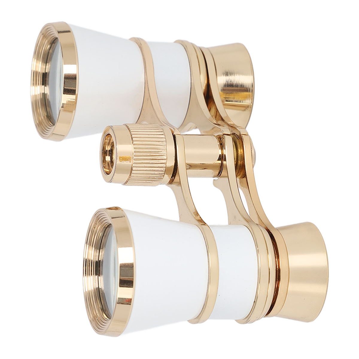 Fernglas mit weißem und goldenem Design. Goldene Details umfassen Mittel- und Seitenringe.