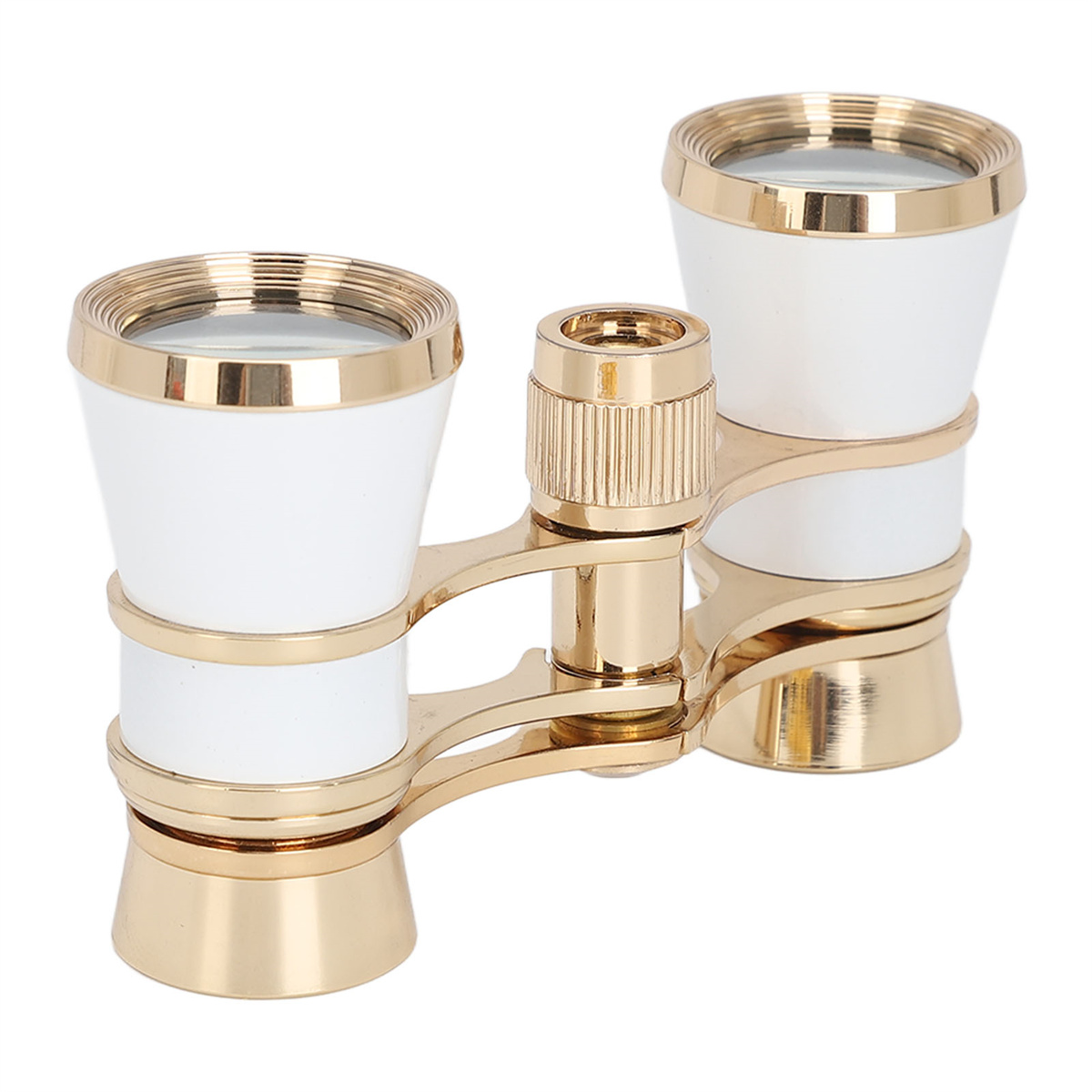Ein Paar weiße und goldene Operngläser, klein und elegant.