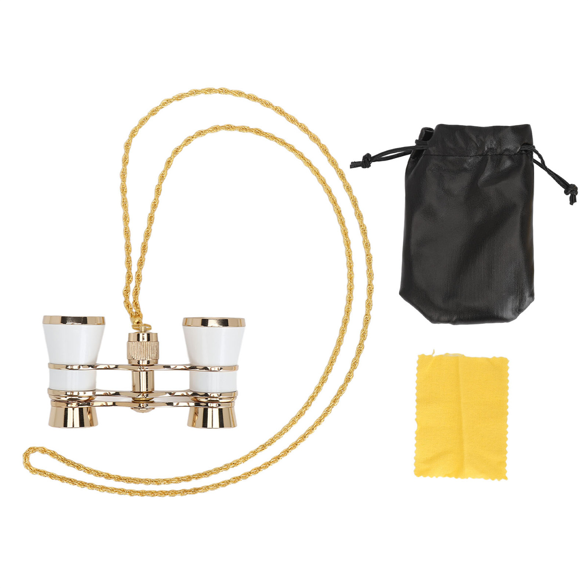 Operngläser mit goldener Kette und schwarzem Beutel sowie einem gelben Reinigungstuch.