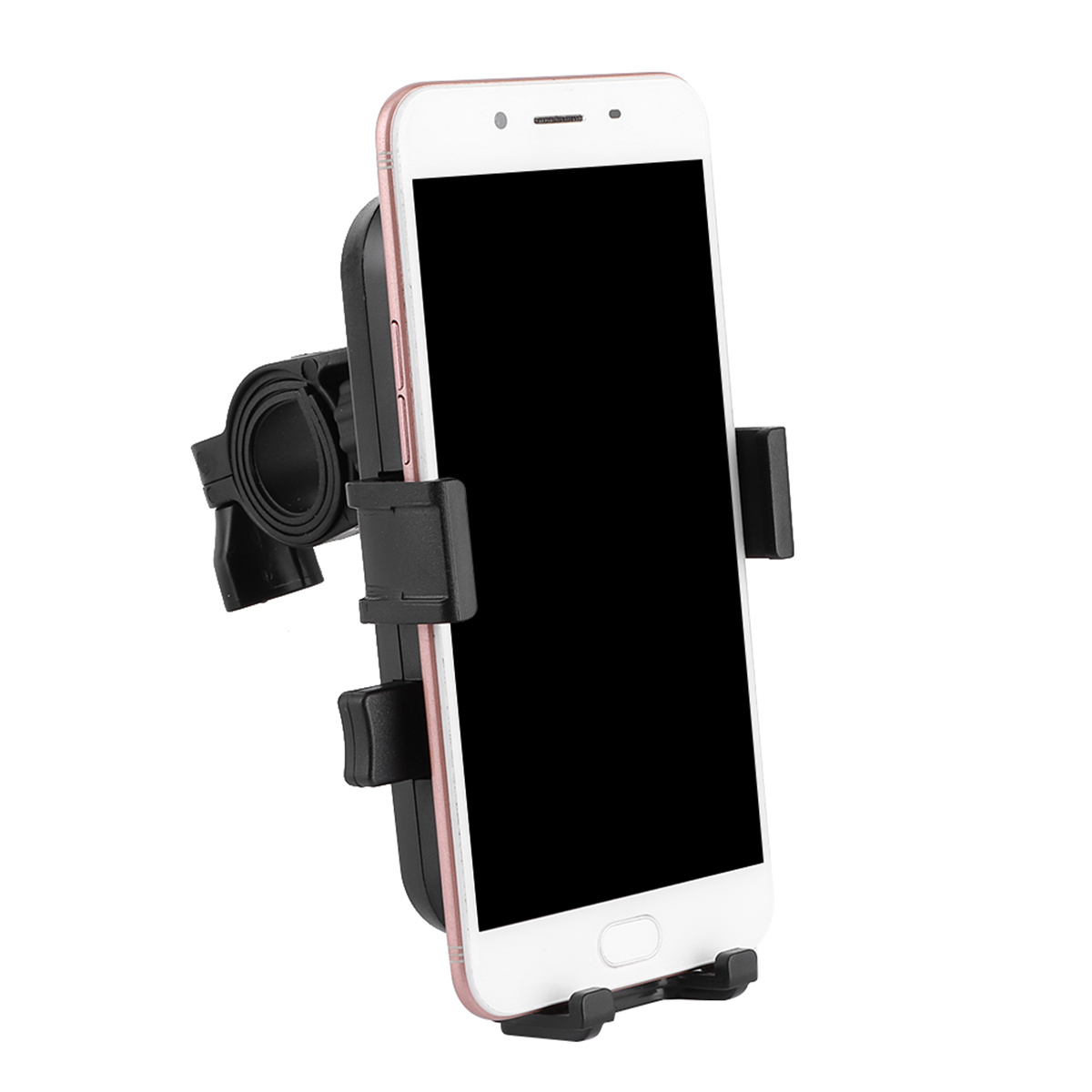 Ein Smartphone in einer schwarzen Telefonhalterung, montiert auf weißem Hintergrund.