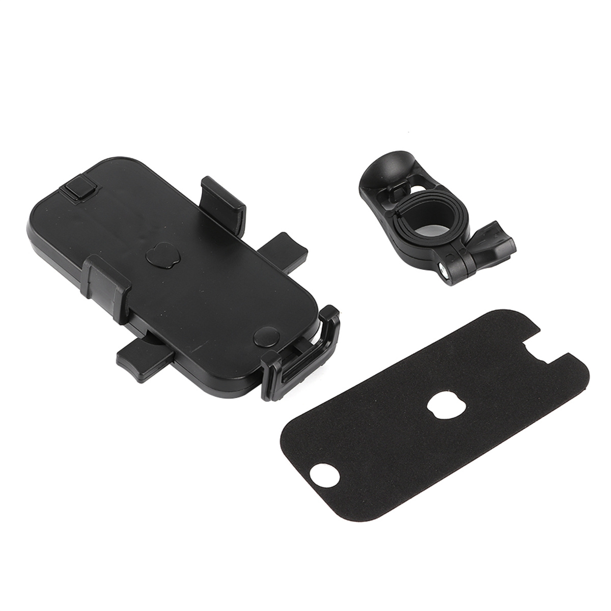 Schwarze Telefonhalterungskomponenten. Enthält Telefonklemme, Montagehalterung und ein Klebepad.