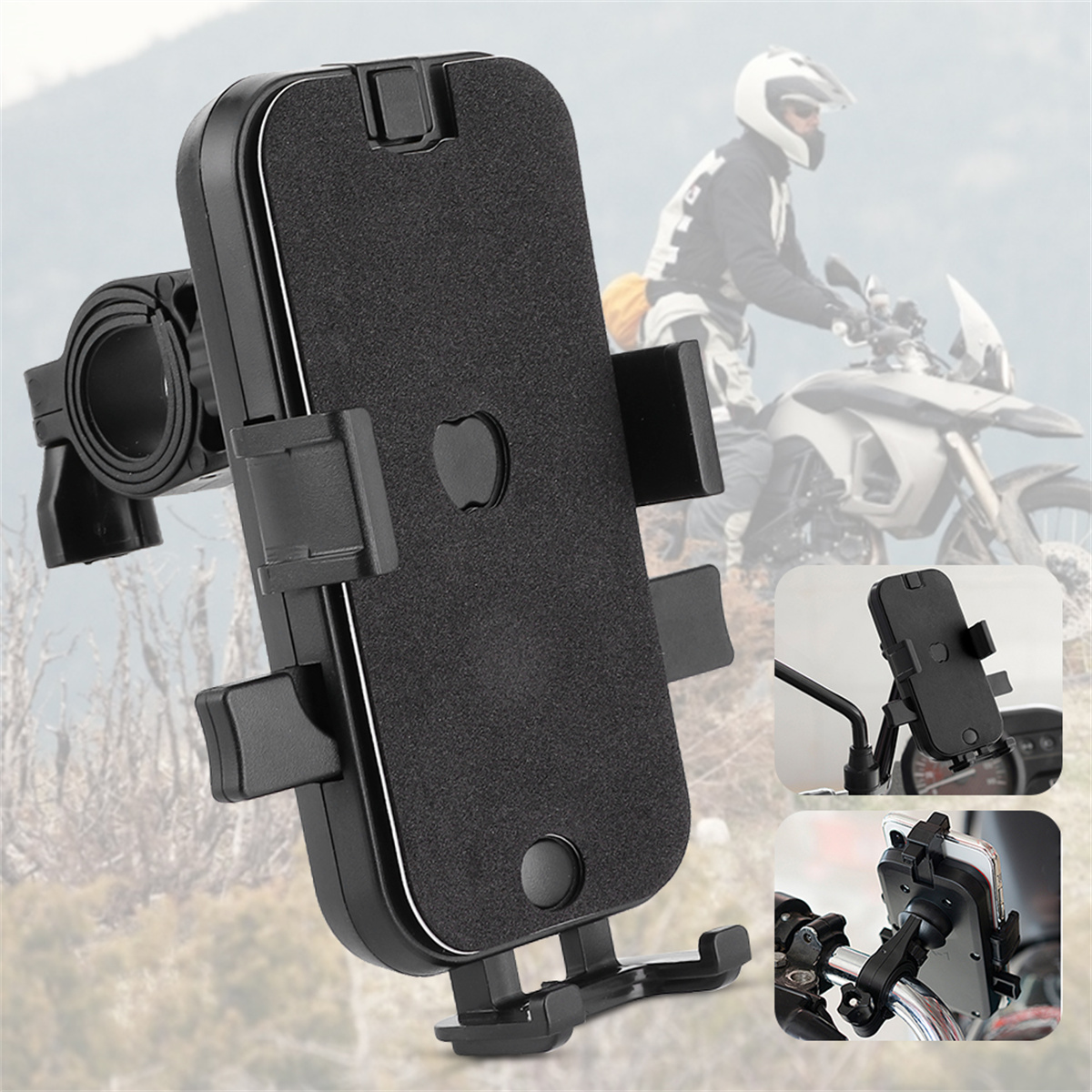 Schwarze Motorrad-Handyhalterung, an einem Lenker montiert. Zusätzliche Ansichten zeigen die Nutzung.