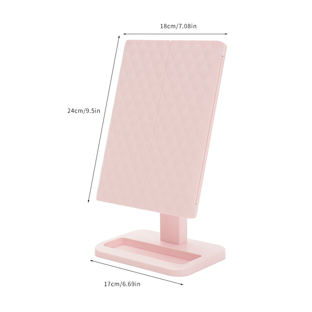 Ein rosa, faltbarer, doppelseitiger Spiegel auf einem Ständer. Abmessungen sind auf dem Bild angegeben.