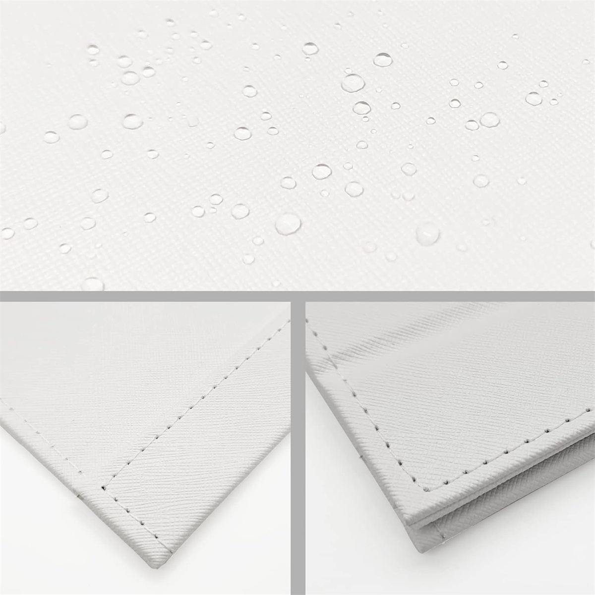 Nahaufnahmen eines weißen, strukturierten Materials mit Wassertropfen und genähten Kanten.