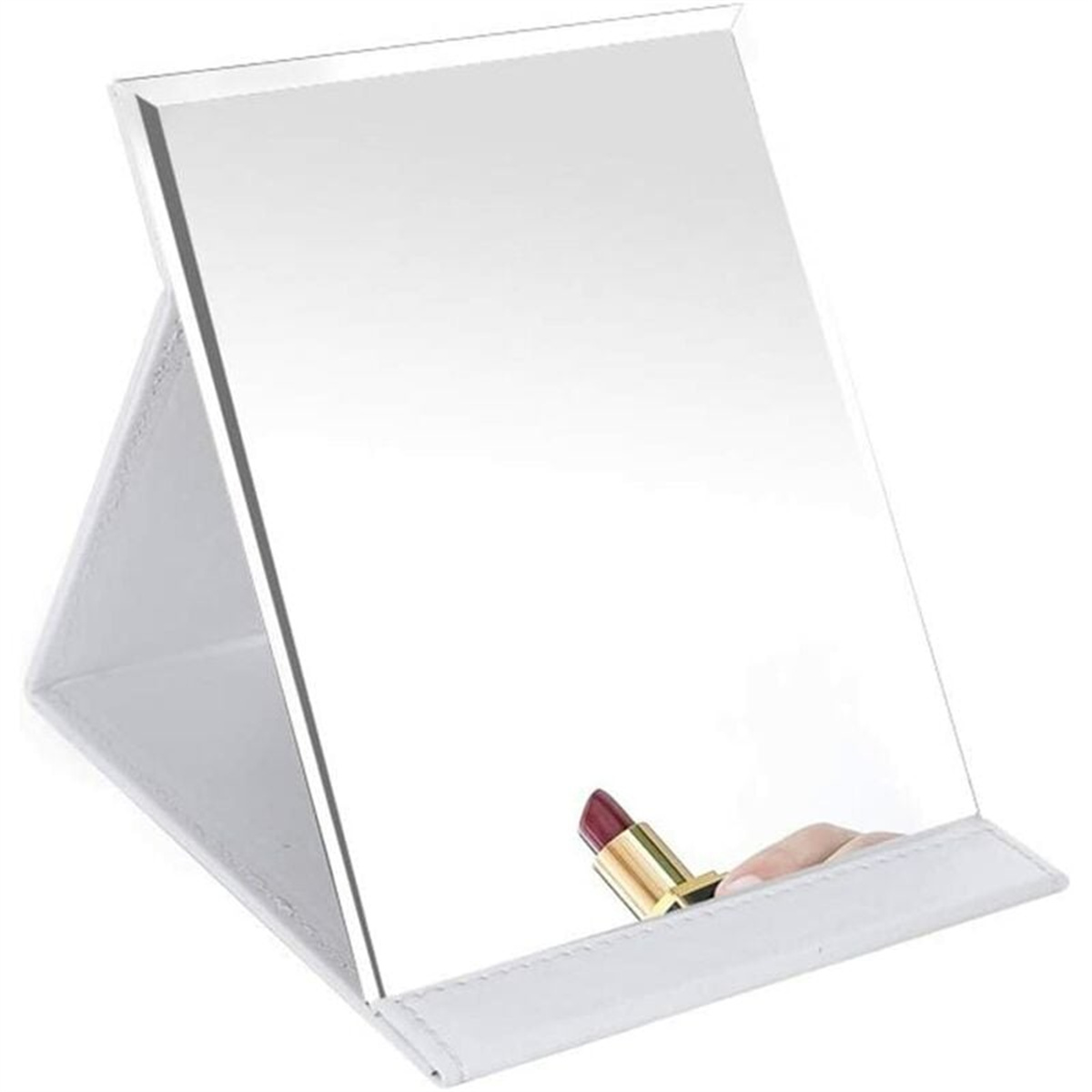 Ein weißer, faltbarer Spiegel mit einer Hand, die einen roten Lippenstift davor hält.
