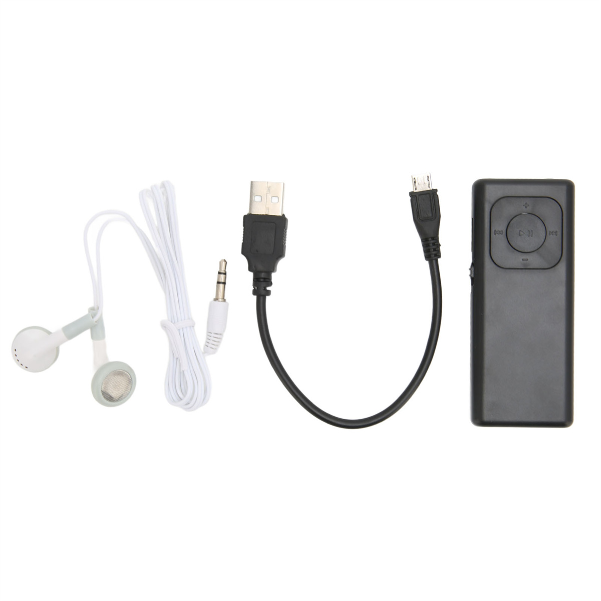 Ein schwarzer MP3-Player mit Kopfhörern, einem USB-Kabel und einem weißen Aux-Kabel.