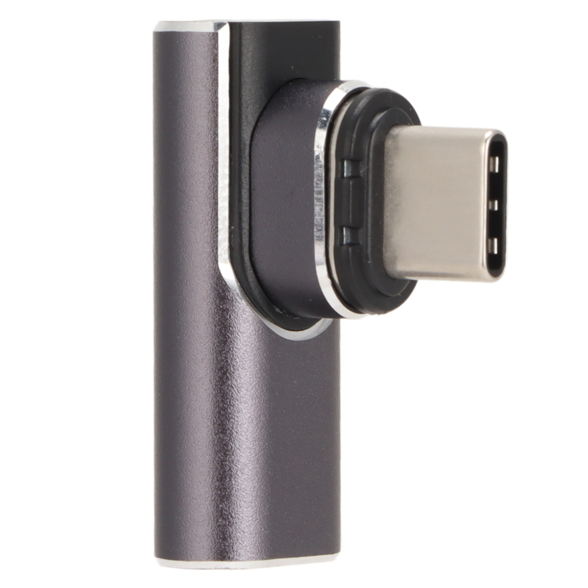 Abgewinkelter USB-C-Adapter, grau und schwarz, mit USB-C-Anschluss.