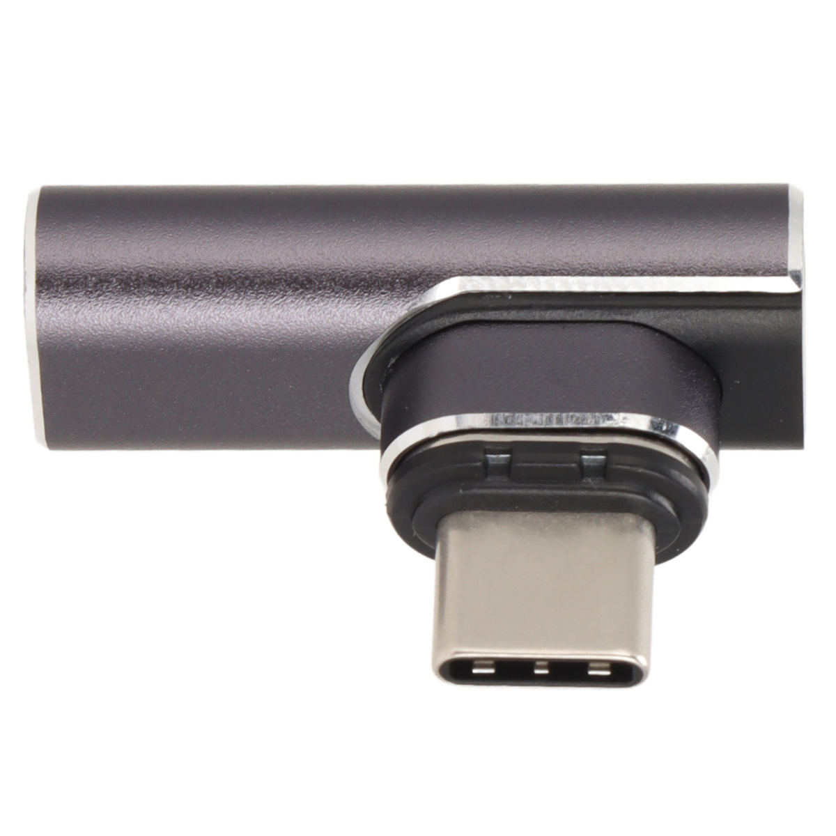 Ein abgewinkelter, grauer USB-C-Adapter mit metallisch-silbernem Rand.
