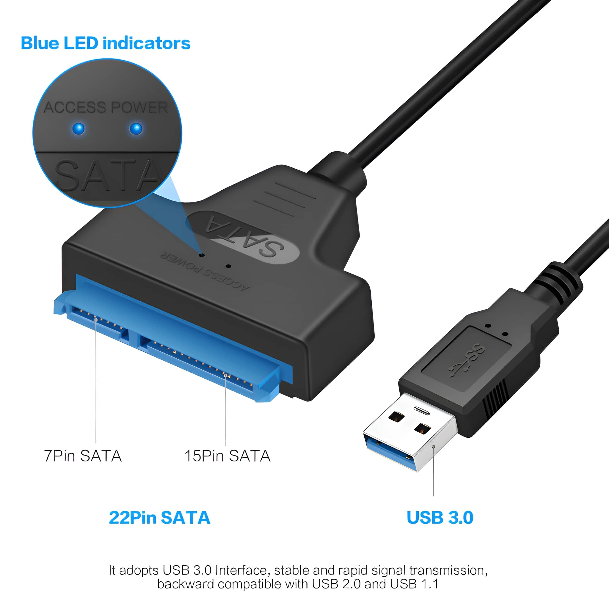 SATA-zu-USB-Adapter mit blauen LED-Anzeigen. USB 3.0 und SATA-Anschlüsse sind sichtbar.
