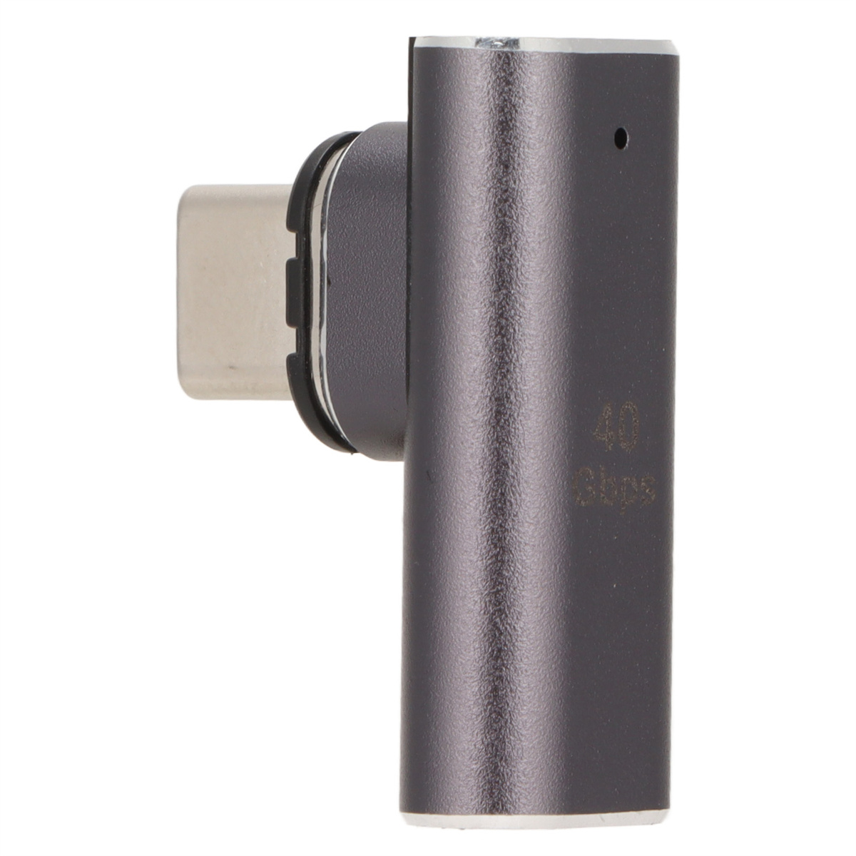 Ein Adapter mit USB-C-Anschluss und abgewinkeltem Stecker. Er ist dunkelgrau.