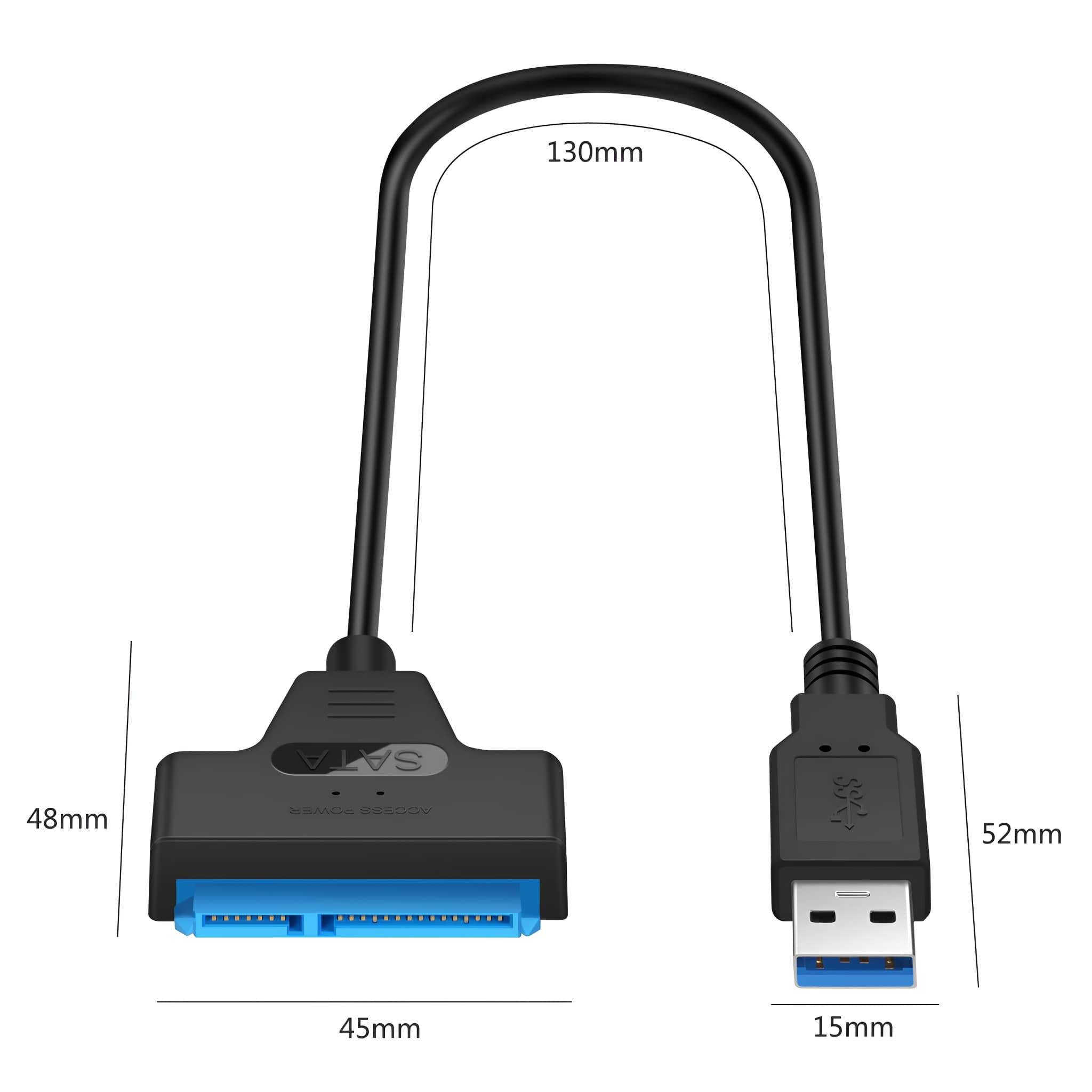 Schwarzes SATA-zu-USB-Adapterkabel mit Steckverbinder-Abmessungen: 45 mm x 48 mm x 130 mm.