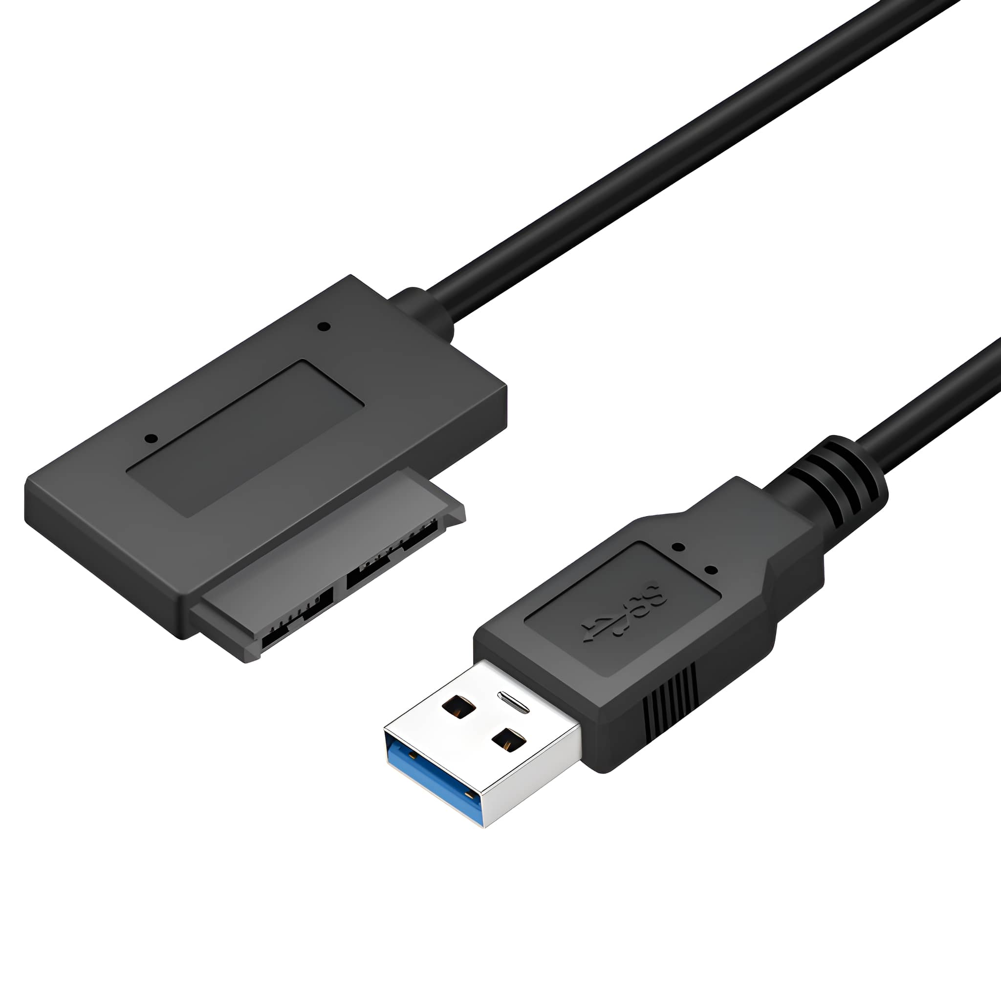 Ein schwarzes USB-zu-SATA-Kabel. Ein Ende ist USB, das andere ist SATA. Schwarze Farbe.
