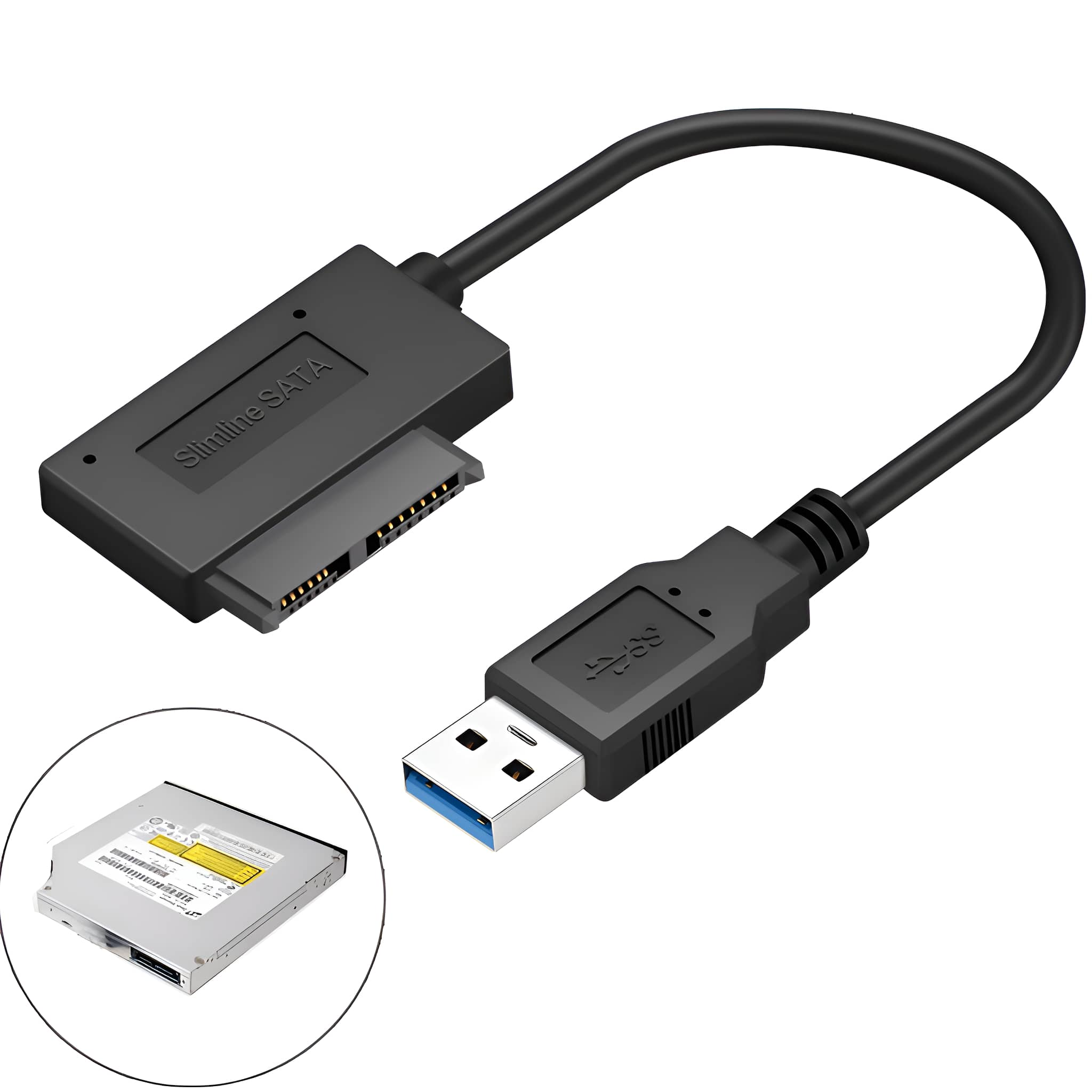 Ein schwarzes Slimline-SATA-zu-USB-Adapterkabel mit angeschlossenem CD-ROM-Laufwerk.
