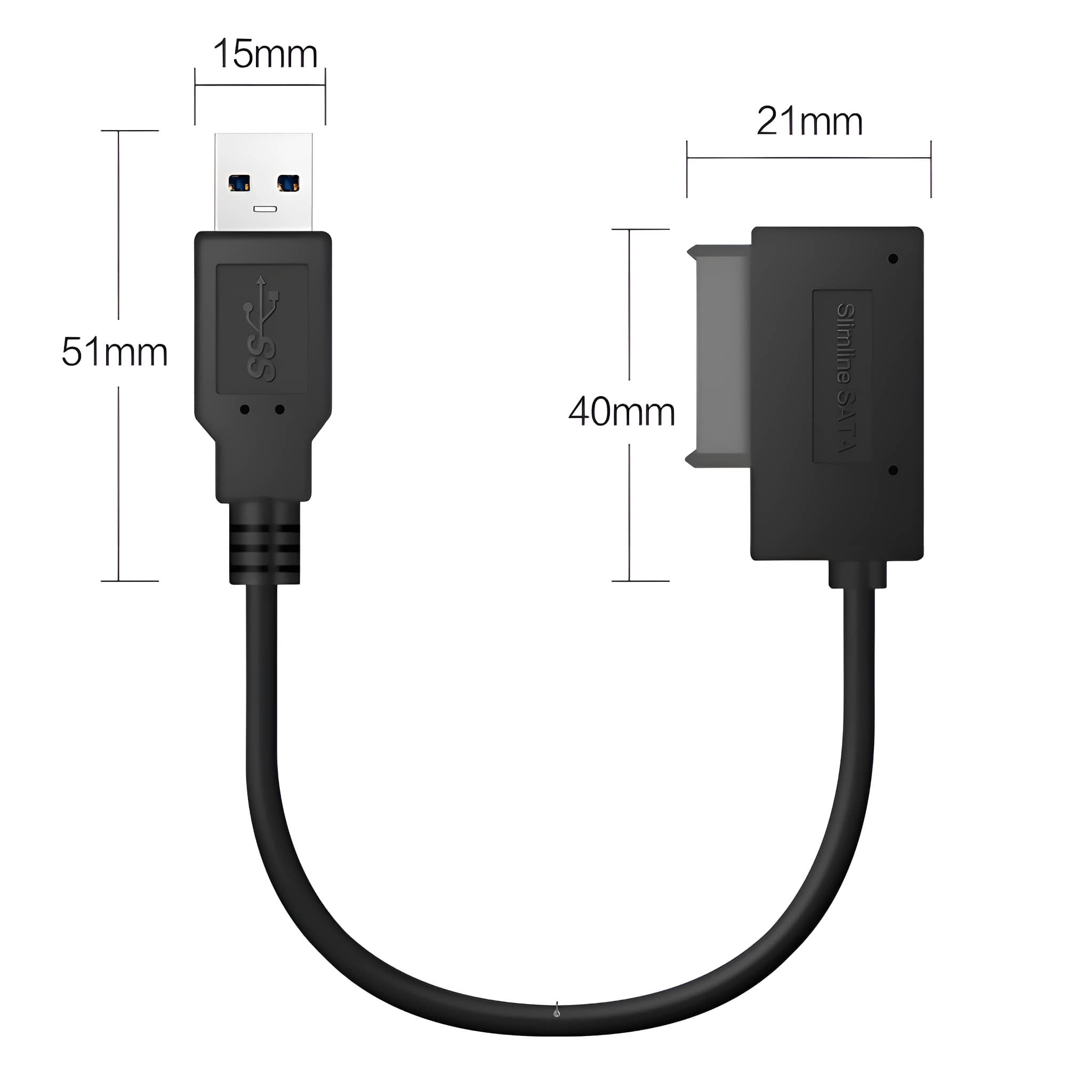 Ein USB-zu-SATA-Kabeladapter. Der Adapter hat einen USB-Anschluss und einen SATA-Anschluss.