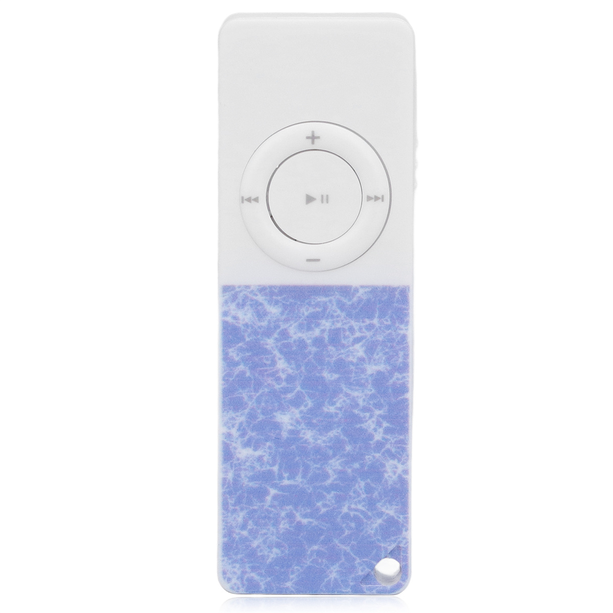 Weiß-blau gemusterter Musik-Player. Hat eine zentrale Taste mit Plus- und Minus-Tasten.
