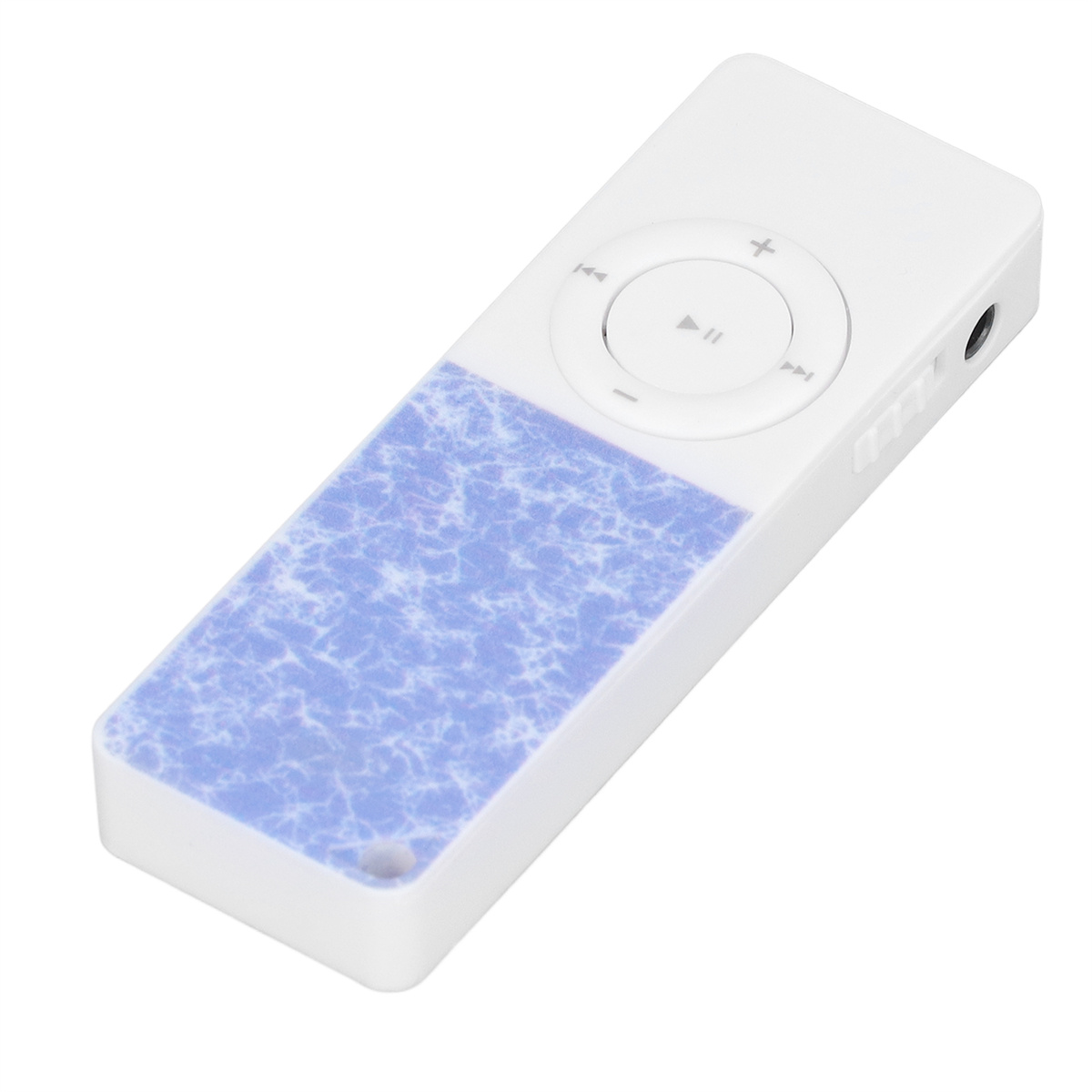 Weißer MP3-Player mit Bildschirm und Steuertasten. Mit blauem Musterbereich.