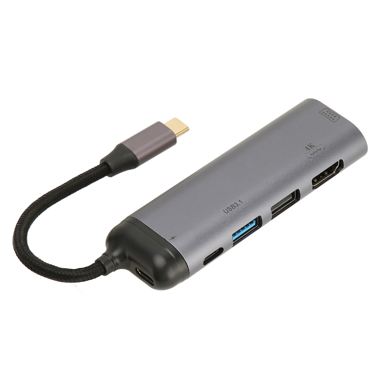 Ein grauer USB-C-Hub mit mehreren Anschlüssen, darunter USB und HDMI, auf einer weißen Oberfläche.