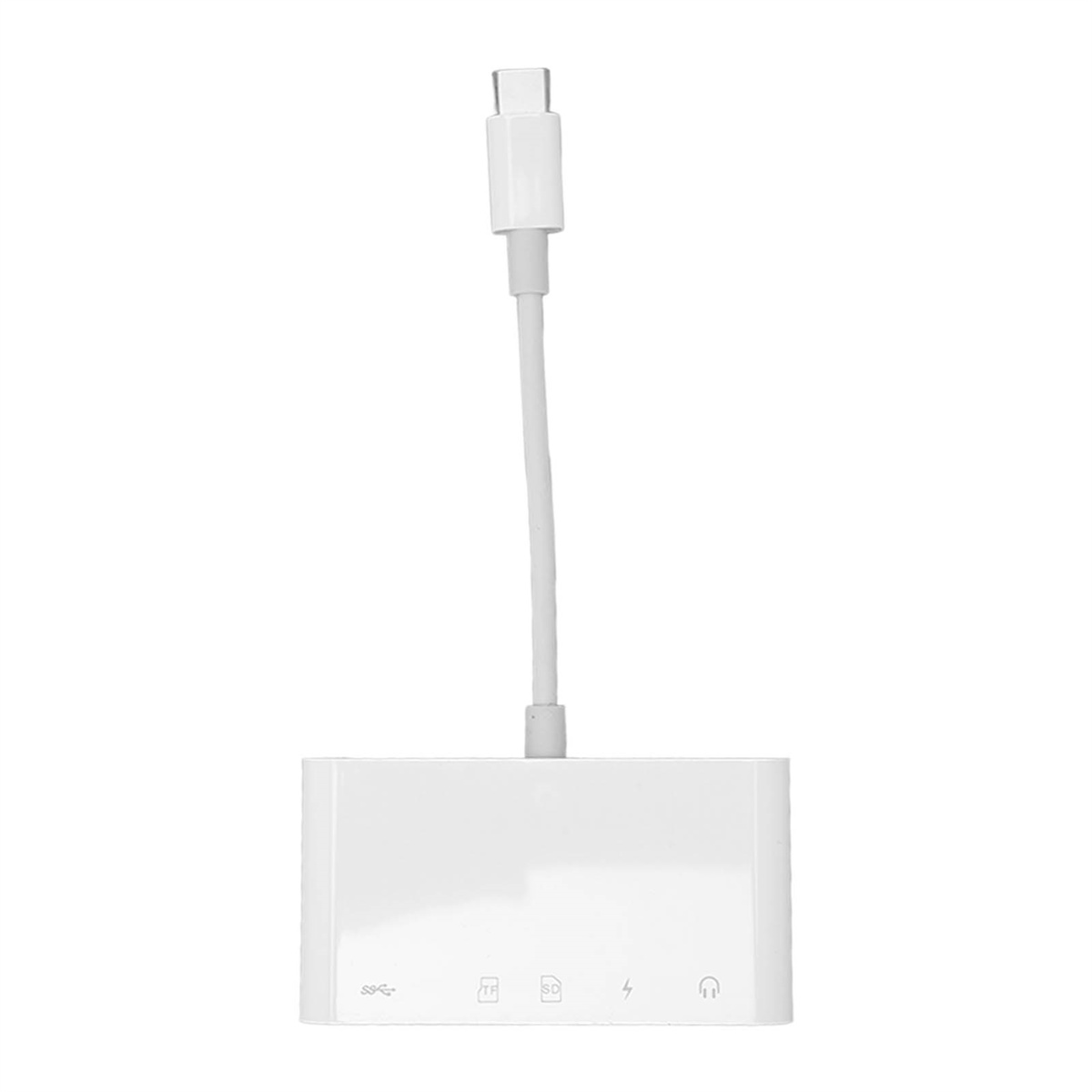 Weißer Adapter mit USB-C-Anschluss und mehreren Anschlüssen. Ein weißes Kabel verbindet den Adapter mit USB-C.