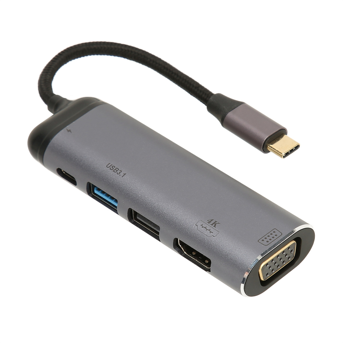Grauer USB-C-Hub mit verschiedenen Anschlüssen, einschließlich USB 3.1, HDMI und VGA-Anschluss.