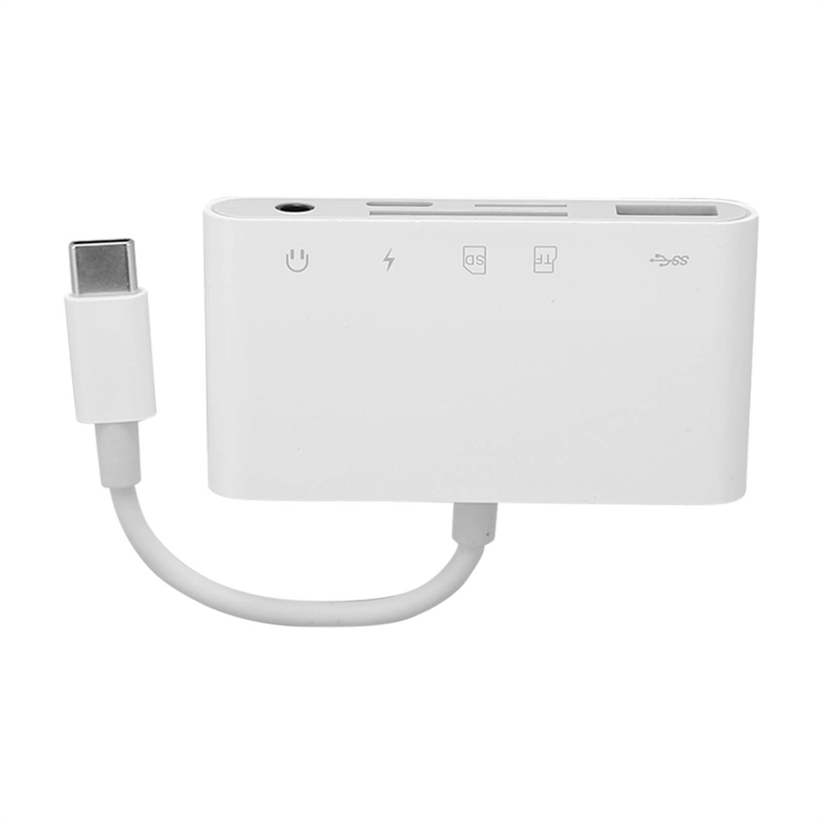 Weißer Multiport-Adapter mit USB-C-Eingang und mehreren Anschlüssen.