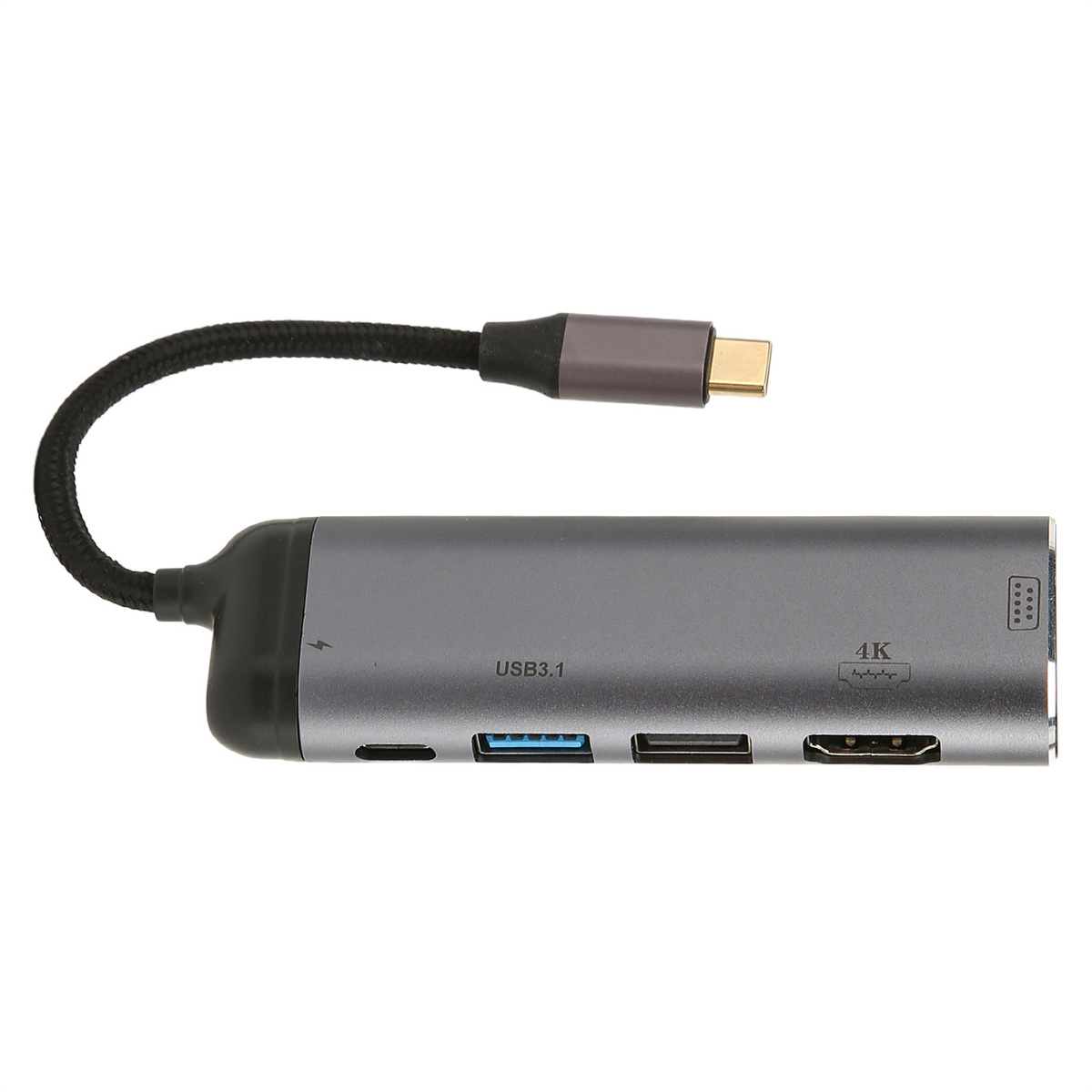Ein grauer USB-Hub mit mehreren Anschlüssen und einem schwarzen Kabel, das an einen USB-C-Anschluss angeschlossen ist.