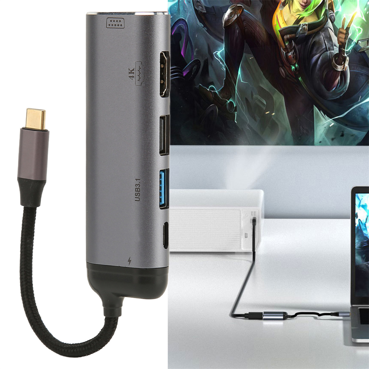 Ein silberner USB-C-Hub mit mehreren Anschlüssen, die mit einem Laptop und Monitor verbunden sind.