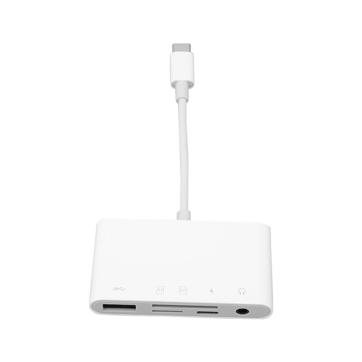 Weißer Multiport-Adapter mit Kabel, für Datenübertragung und Kopfhöreranschluss.