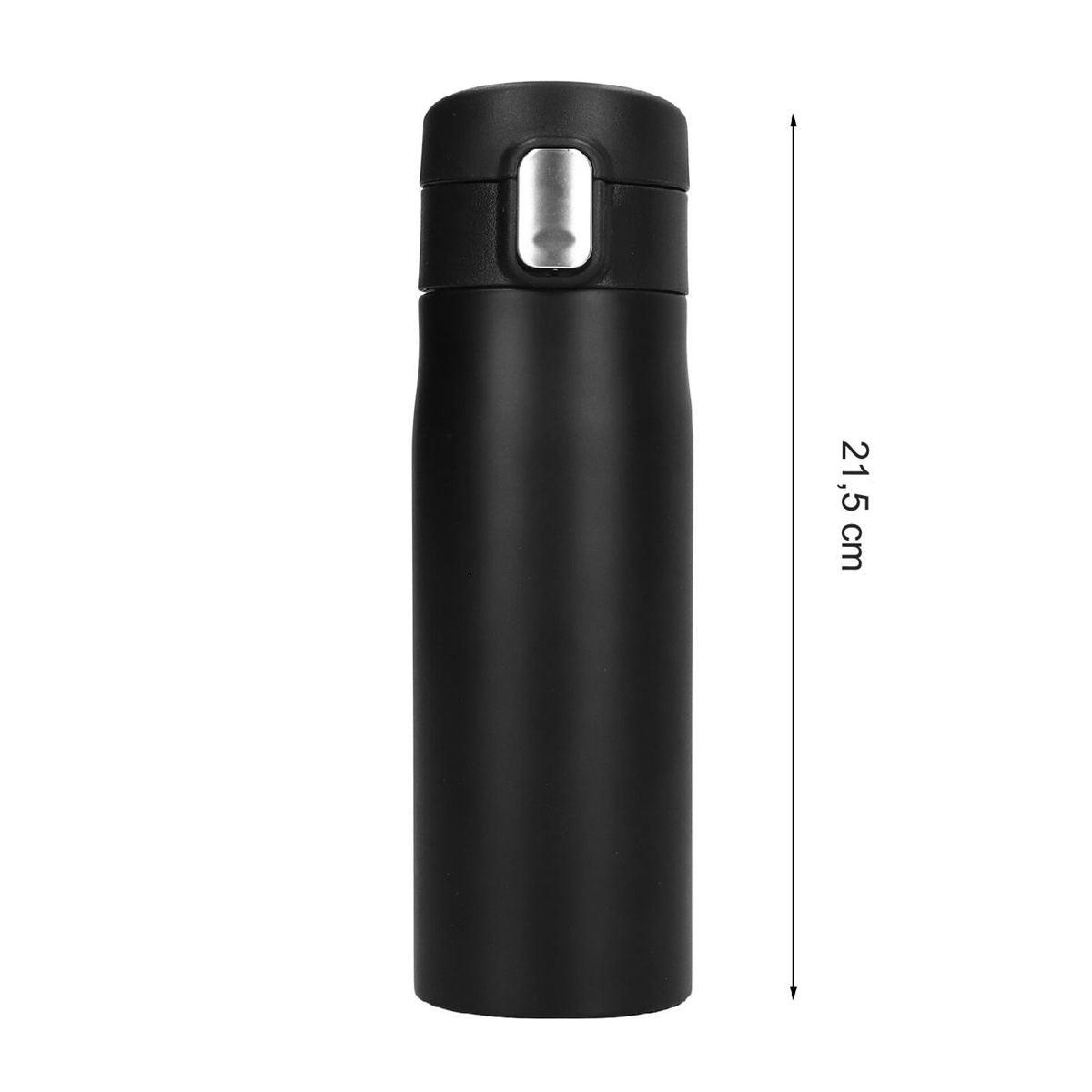 Schwarze Thermosflasche mit silbernem Deckel, steht vertikal mit einem Maß auf der Seite.