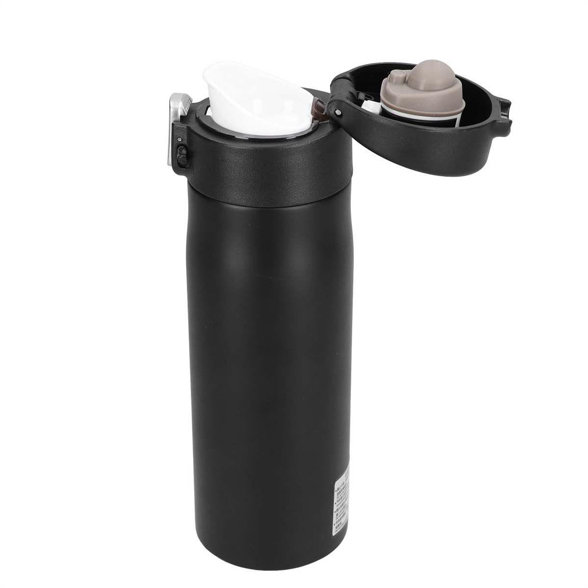 Eine schwarze isolierte Wasserflasche, geöffnet, mit weißem Innenraum und einem kleineren Verschluss.