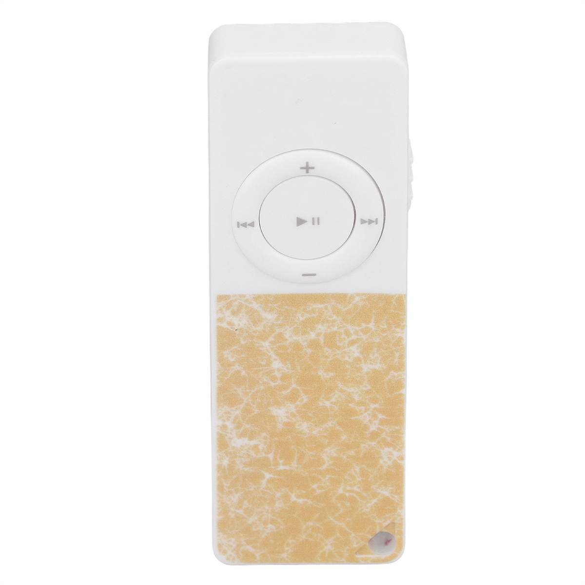 Eine weiße MP3-Player-Fernbedienung mit kreisförmigem Navigationsfeld und gemustertem Bereich.