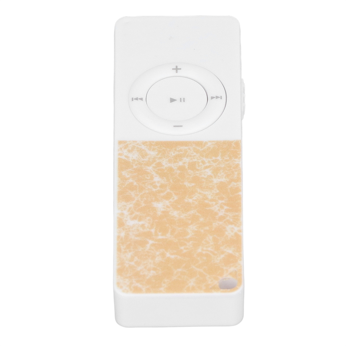 Weiße iPod-Fernbedienung mit Marmormuster. Hat Plus-, Wiedergabe/Pause- und Überspringen-Tasten.