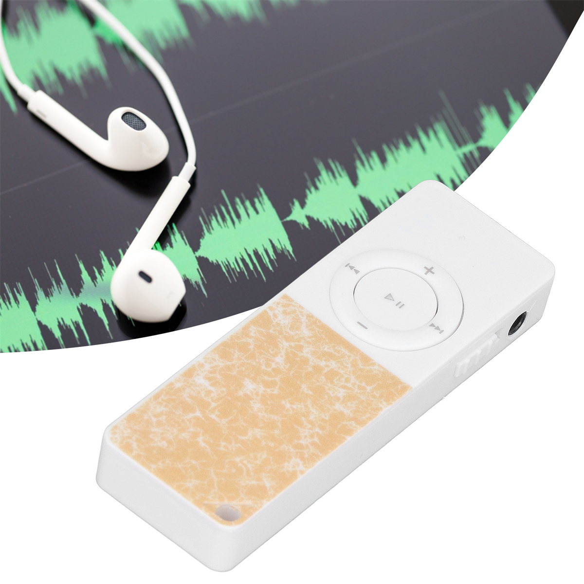 Weißer MP3-Player mit Kopfhörern, Wellenmuster im Hintergrund.