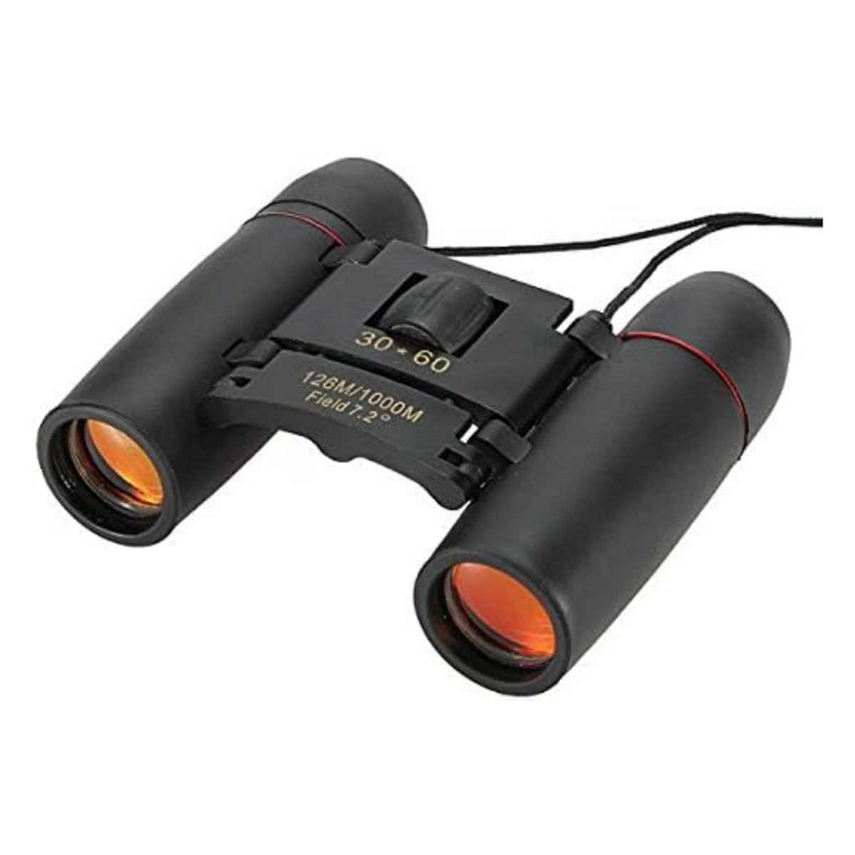 Schwarzes Fernglas mit orangenen Linsen und Fokusrad.