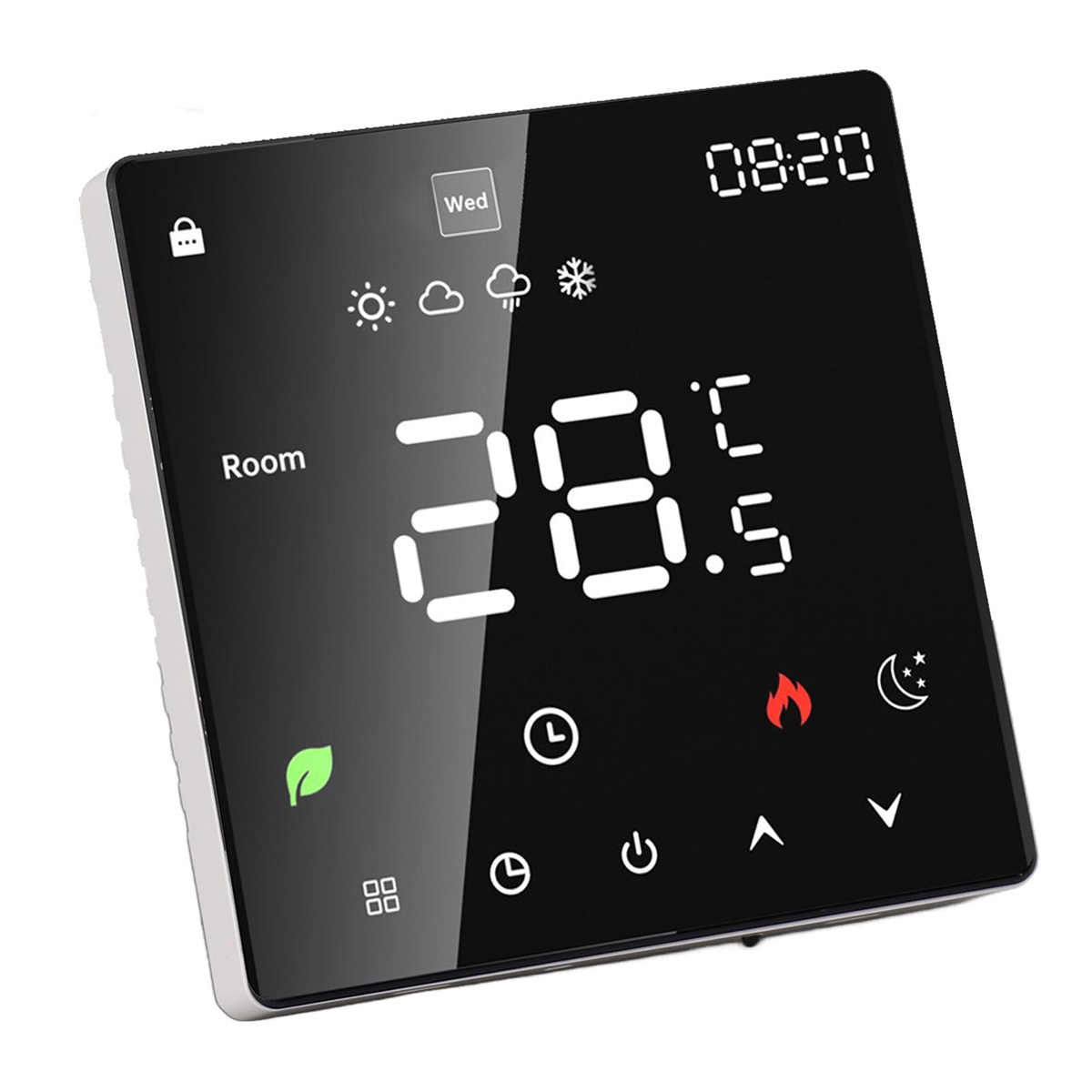 Ein digitales Thermostat mit schwarzem Bildschirm, der Temperatur, Zeit und verschiedene Symbole anzeigt.