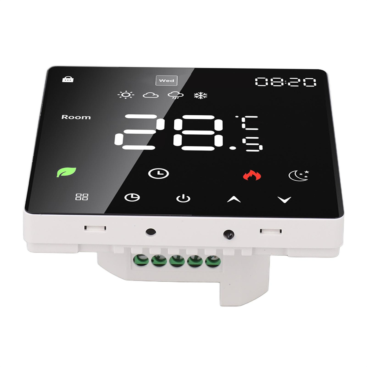 Digitaler Thermostat mit Anzeige von Uhrzeit, Temperatur und Symbolen.