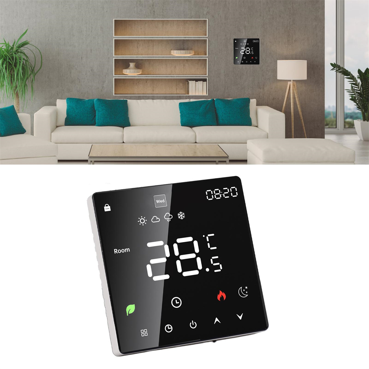 Wohnzimmer mit weißer Couch, blauen Kissen, Thermostat und Stehlampe.