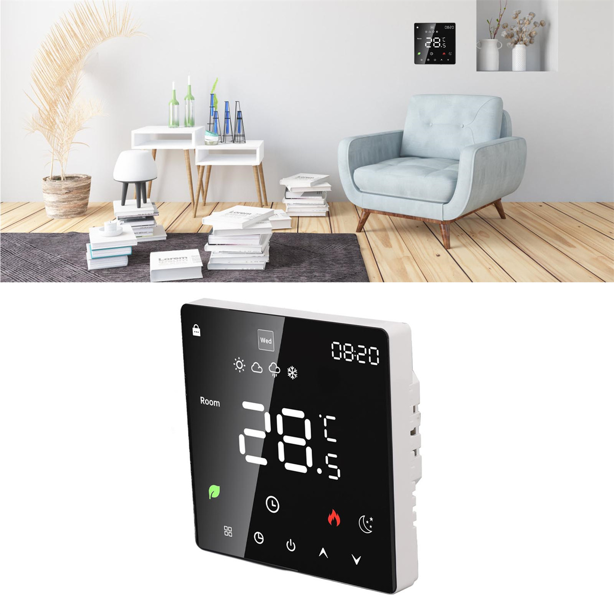 Ein digitaler Thermostat an einer Wand in einem Raum. Ein zweiter Thermostat im Hintergrund.