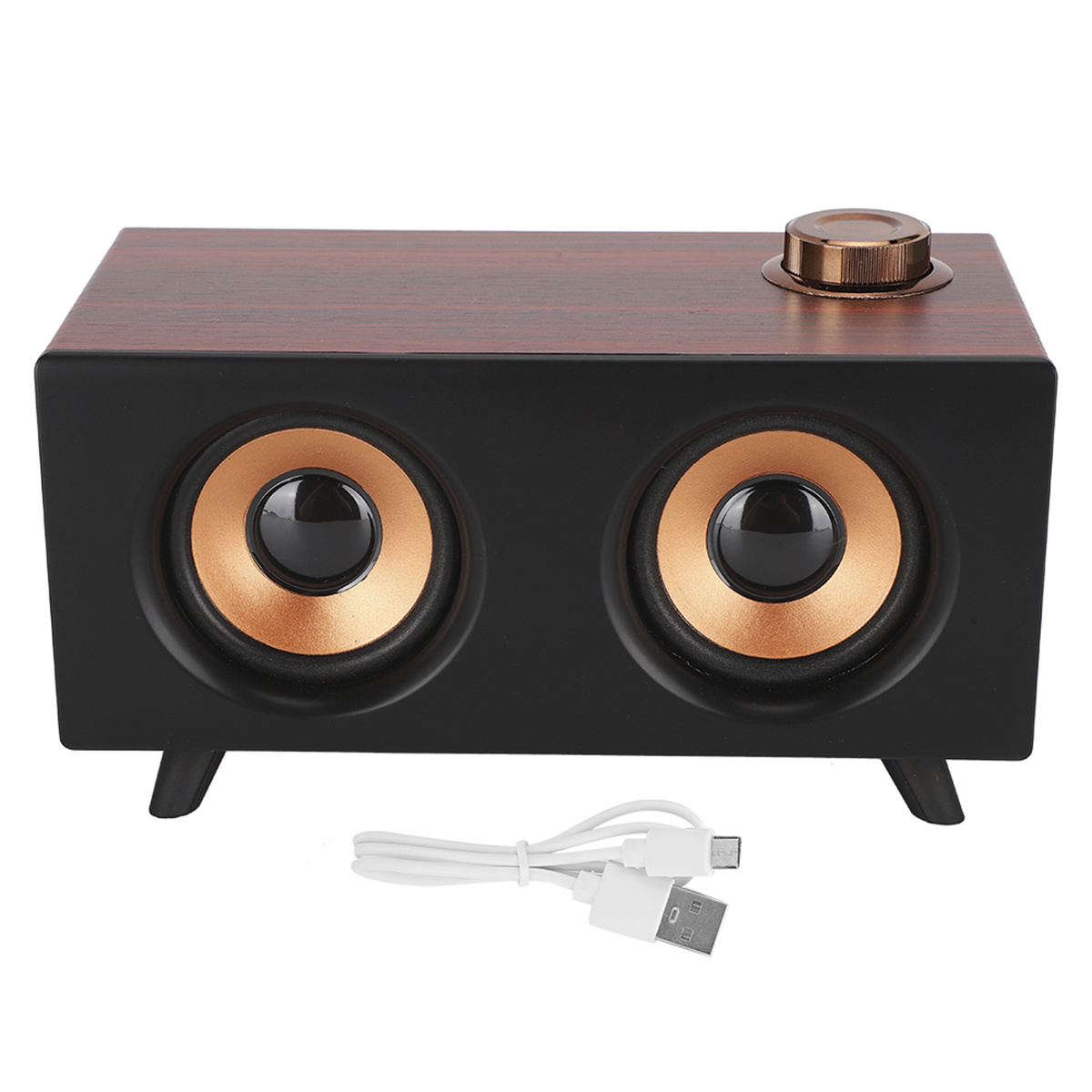Ein schwarz-holzfarbener Lautsprecher mit zwei kupferfarbenen Lautsprechern und einem USB-Kabel.