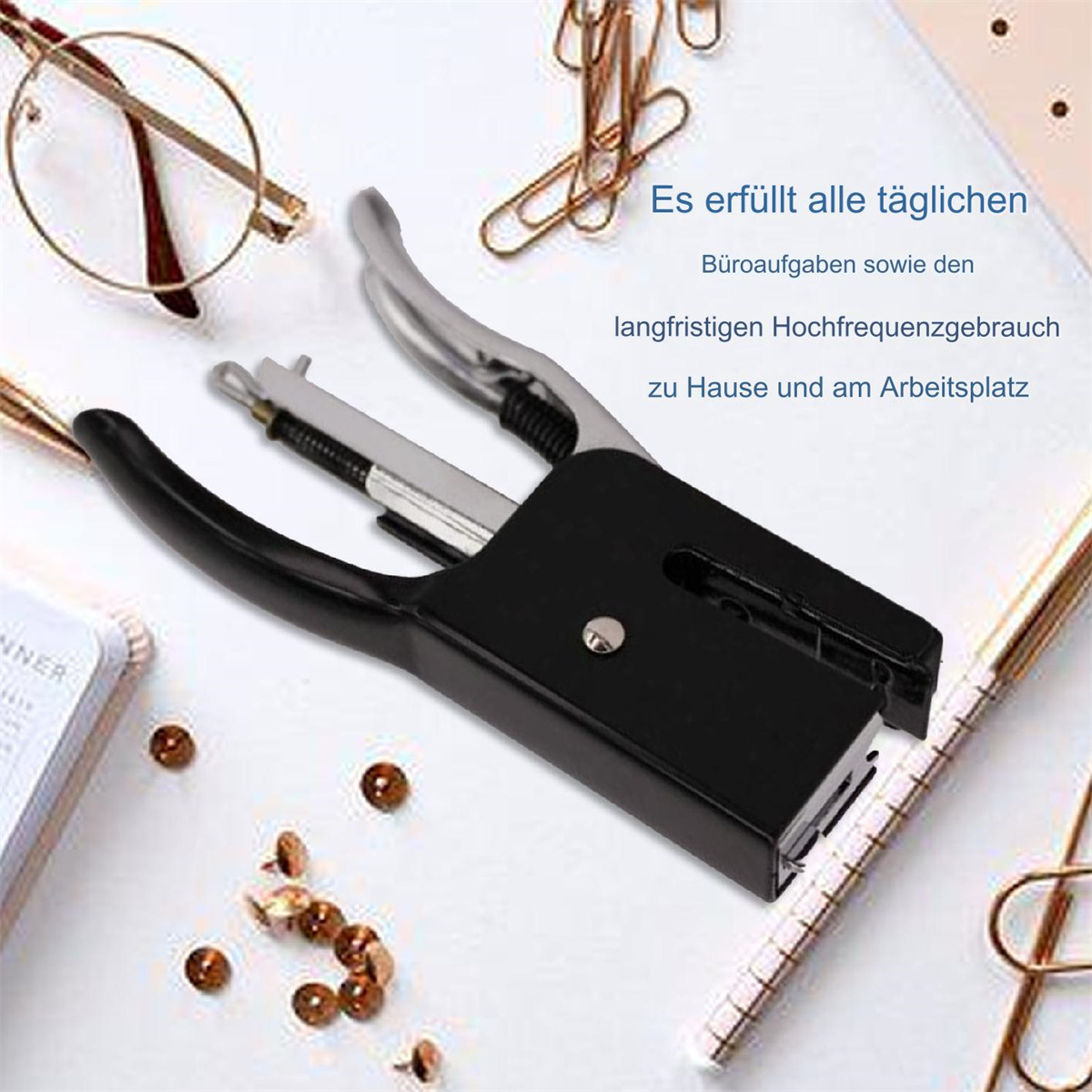 Ein schwarzer Tacker mit deutschem Text über den Heim- und Arbeitsplatzeinsatz. Bürobedarf ist vorhanden.