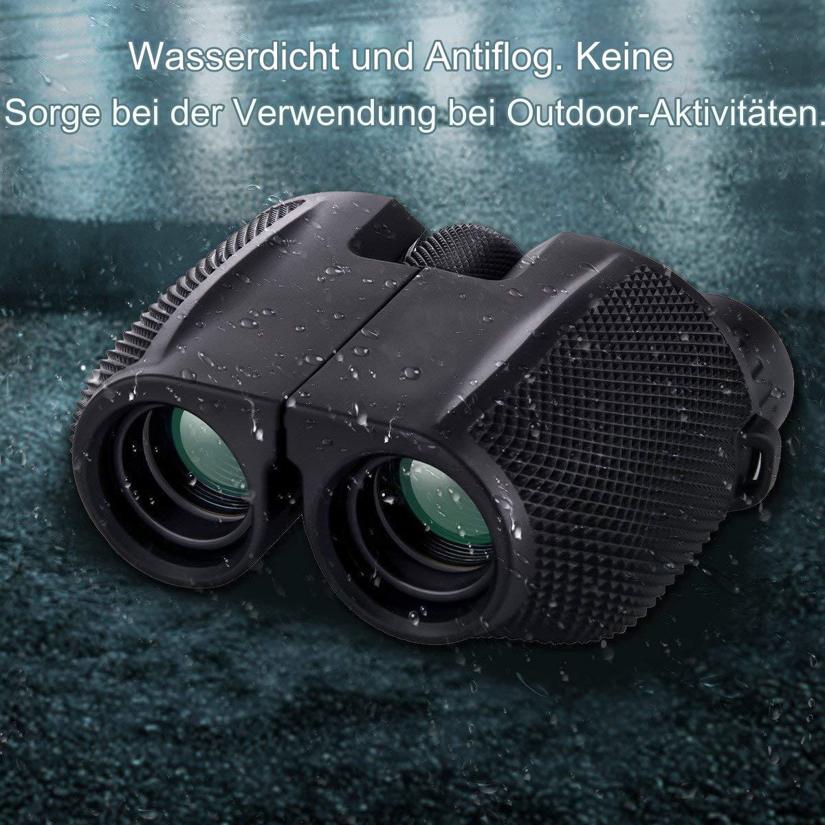 Schwarzes Fernglas mit Wassertröpfchen, mit Text: 'Wasserdicht und beschlagfrei. Keine Sorge'.