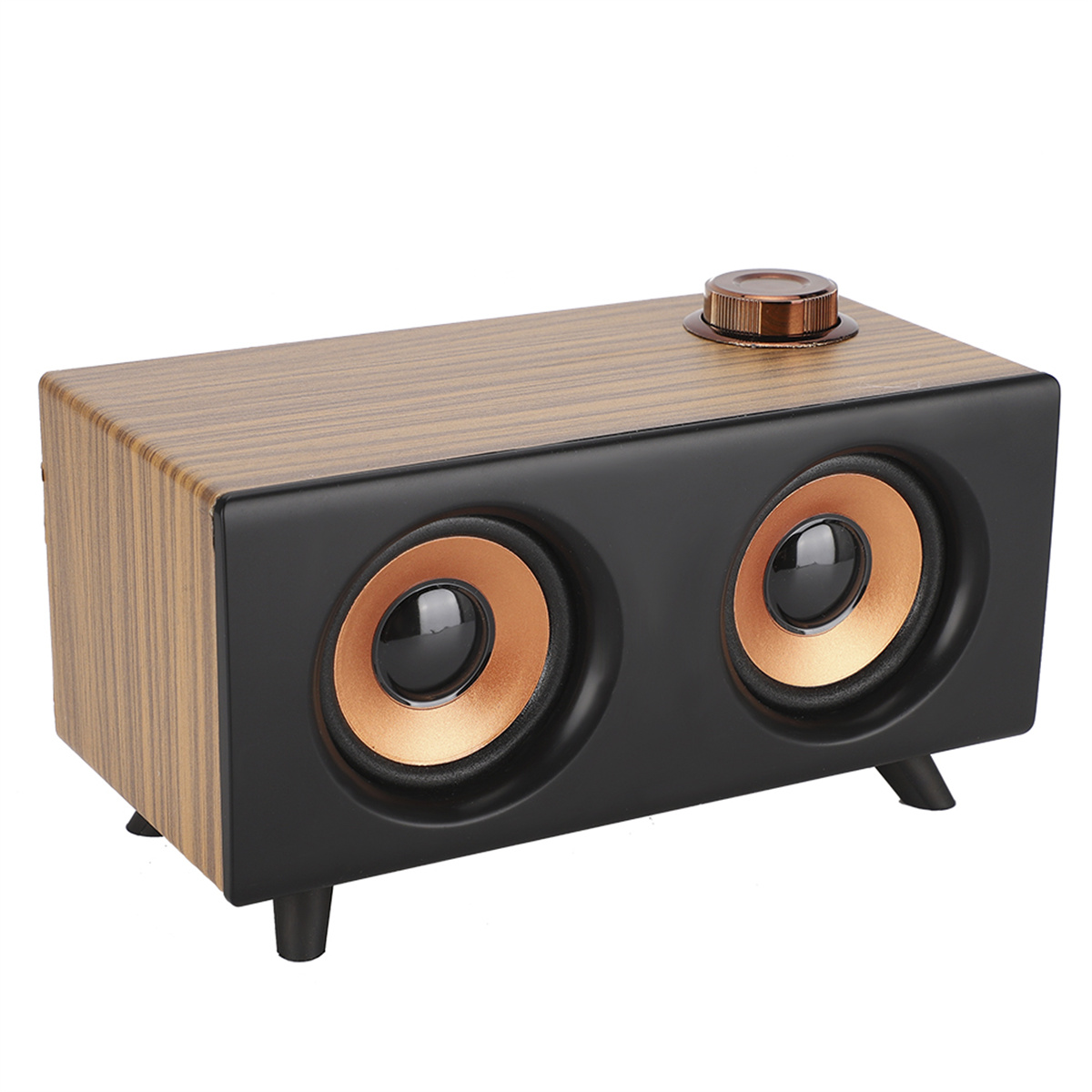 Ein Holz-Lautsprecher mit kupferfarbenen Lautsprechertrichtern und einem Lautstärkeregler.