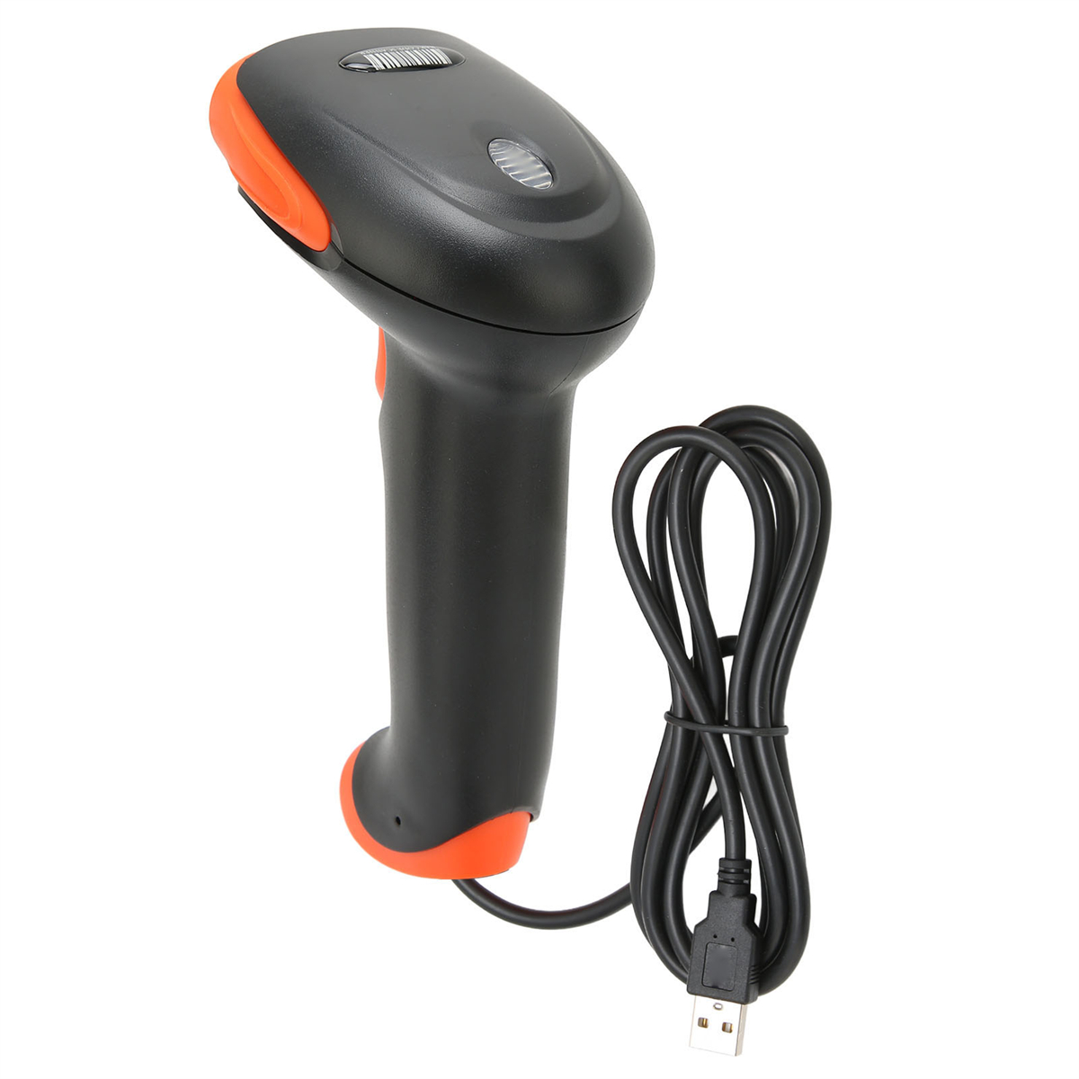 Schwarz-oranger Barcode-Scanner mit schwarzem USB-Kabel. Weißer Hintergrund.