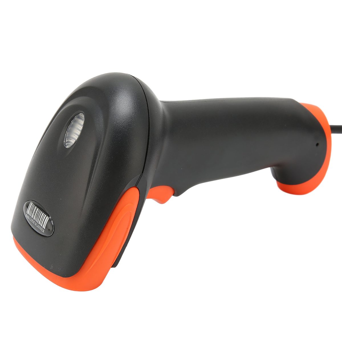 Schwarzer und orangefarbener Handheld-Barcode-Scanner mit Auslöser und Linse.