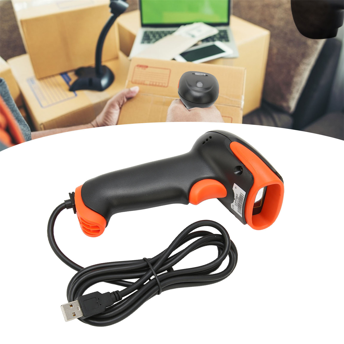 Handheld-Barcode-Scanner in Schwarz und Orange mit USB-Kabel.