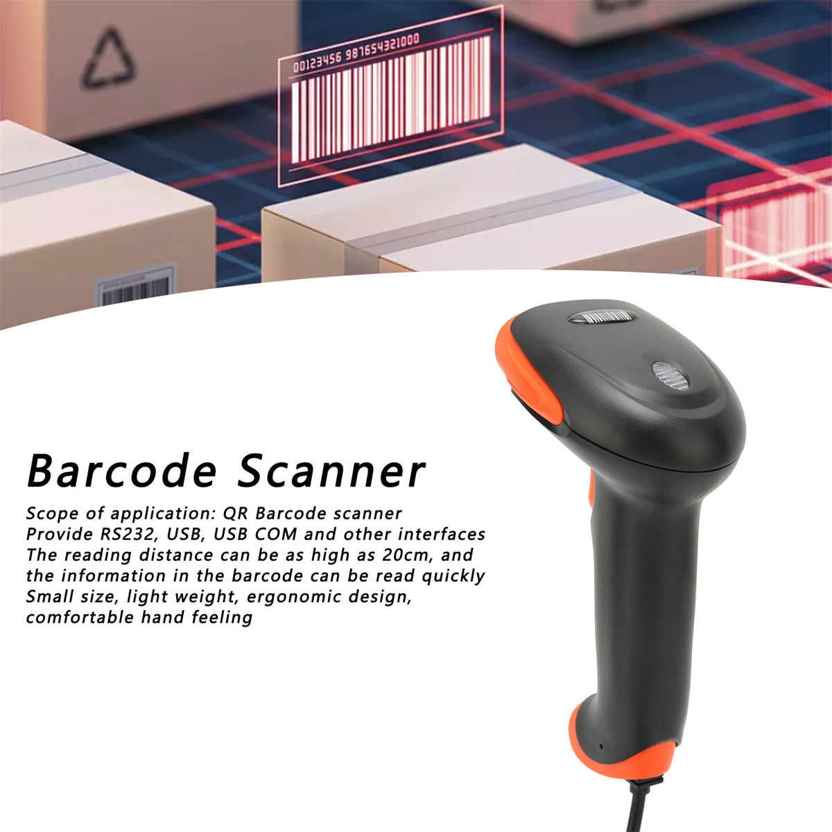 Ein Barcode-Scanner mit einem schwarz-orangen Griff. Informationen zum Scanner befinden sich im Hintergrund.