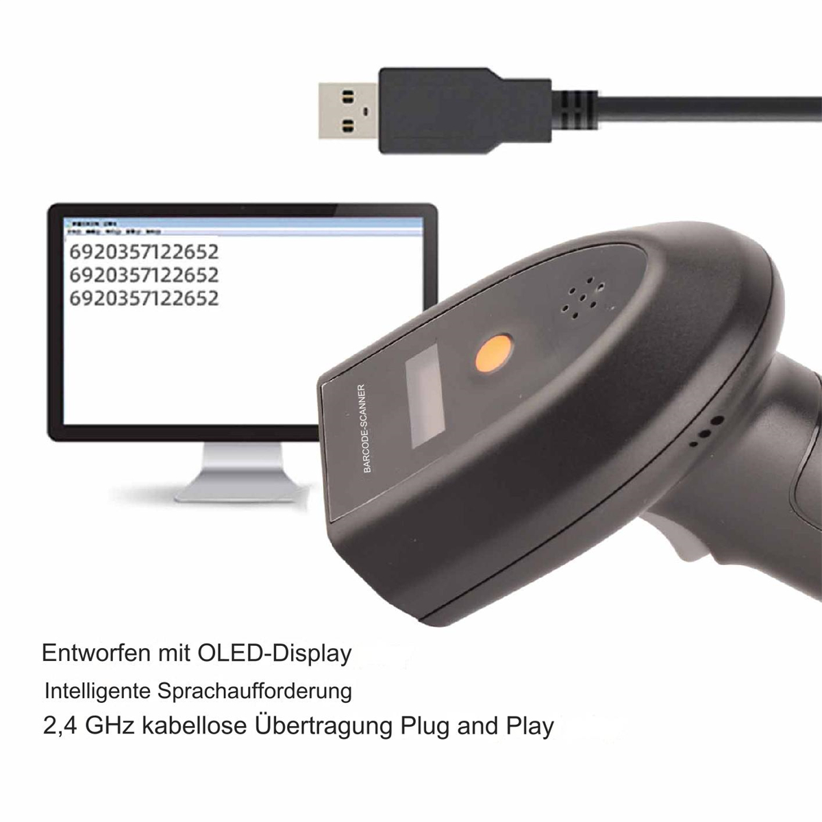 Ein schwarzer Barcodescanner neben einem Monitor, der Zahlen anzeigt. Ein USB-Kabel ist angeschlossen.