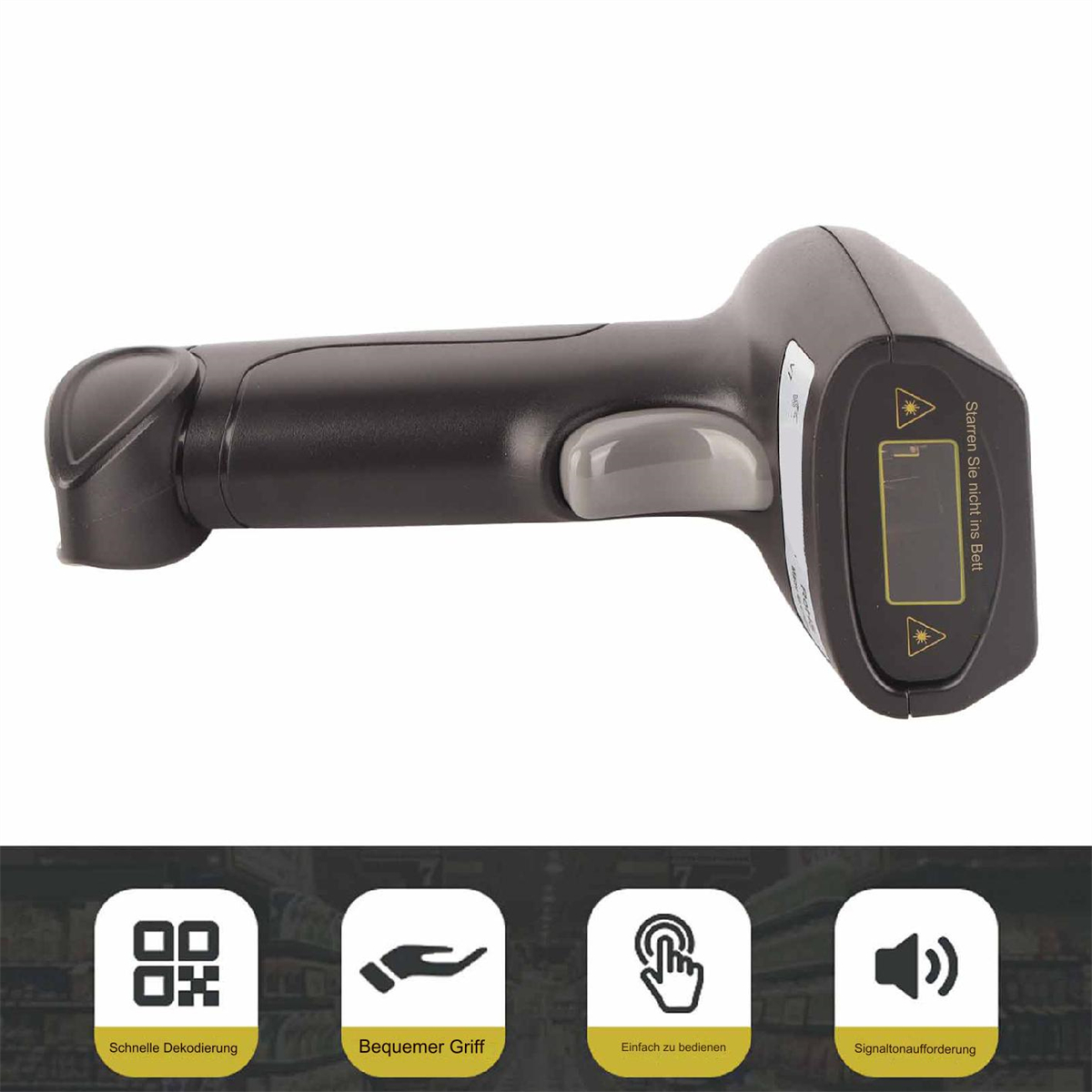 Schwarzer Barcode-Scanner. Graue Taste, gelbes Display, vier Symbole unten: Raster, Hand, Berührung, Ton.